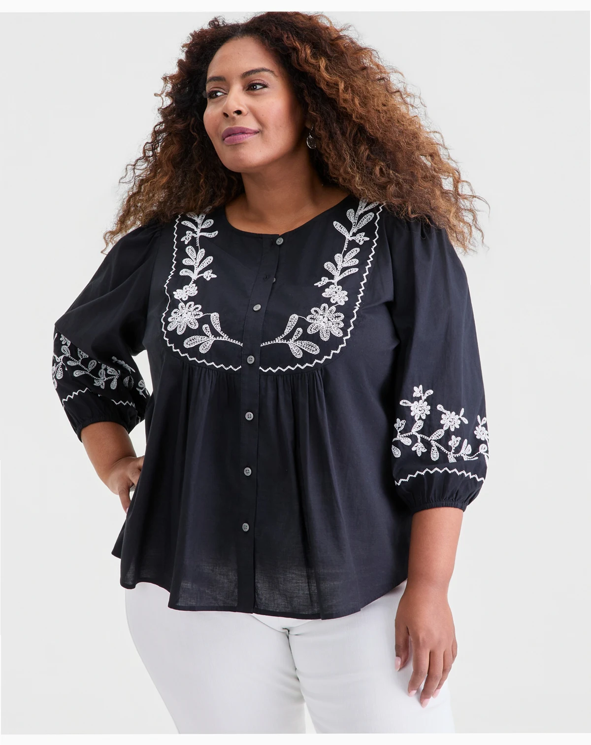 Plus Size Cotton Embroidered 3/4-Sleeve Blouse, Macy's Exclusive