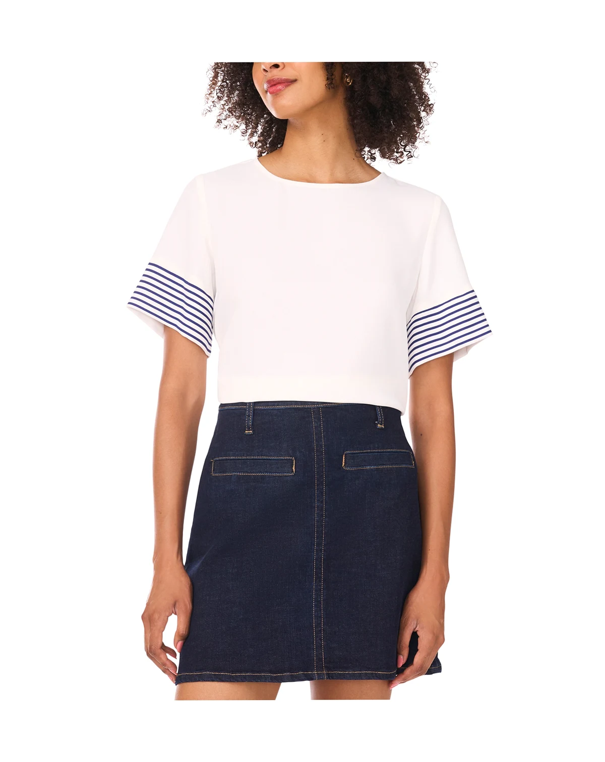 Women's Crew Neck Striped-Sleeve Top