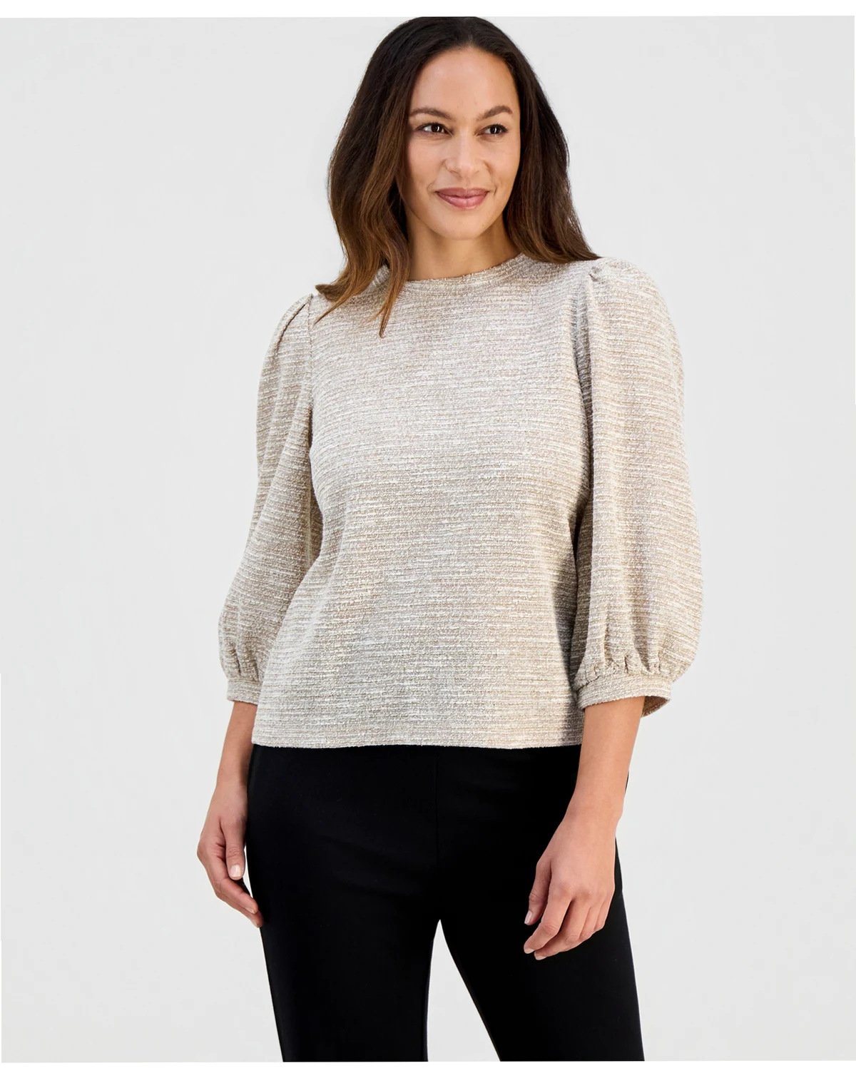 AK Anne Klein Petite 3/4-Balloon-Sleeve Bouclé Top