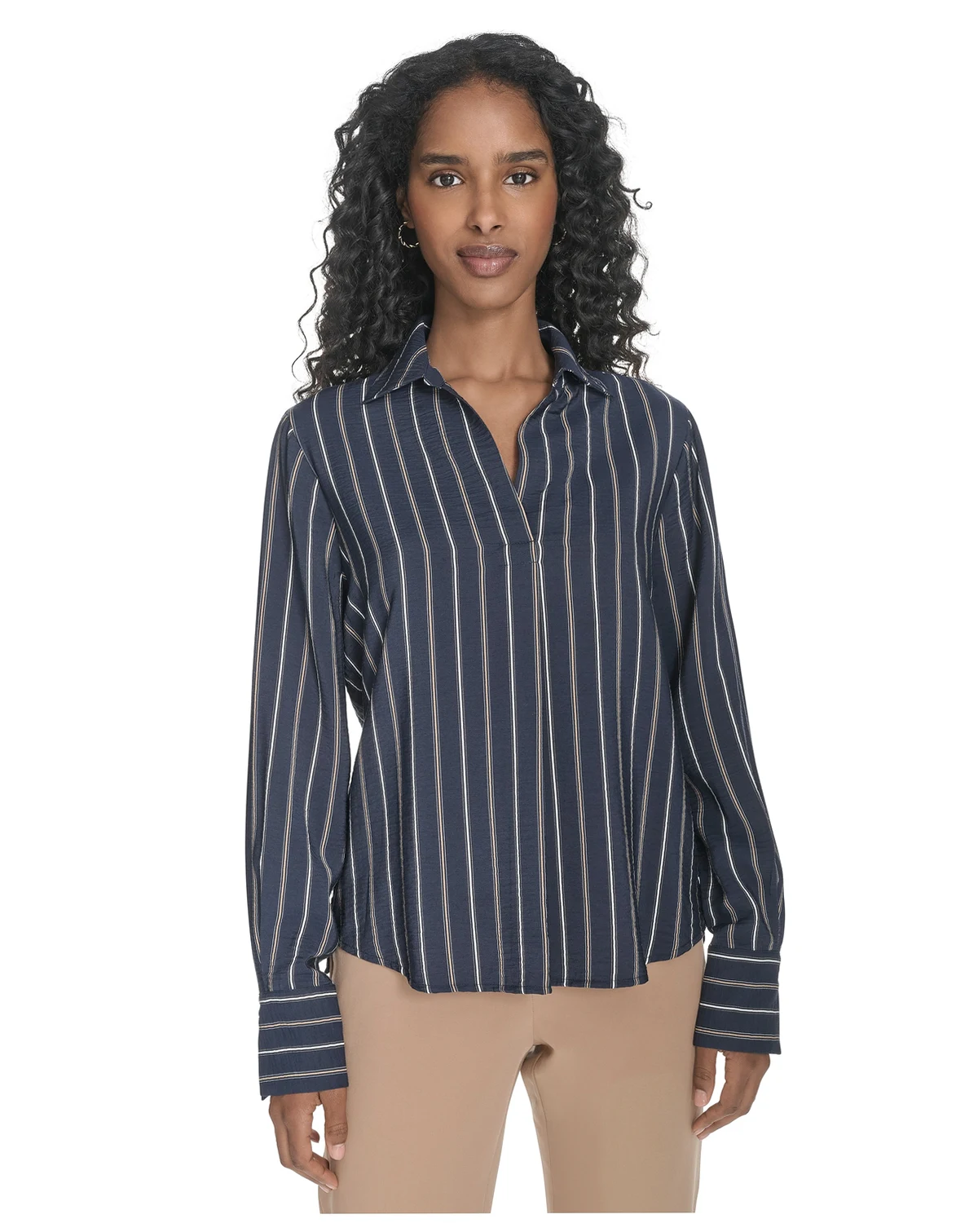 Women's Striped Long-Sleeve Popover Top