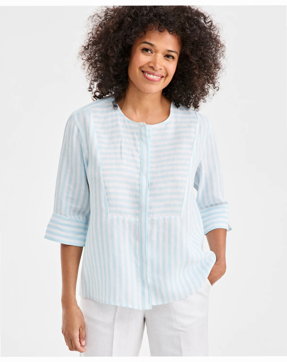 Women's 100% Linen Front-Bib 3/4-Sleeve Blouse, Macy's Exclusive