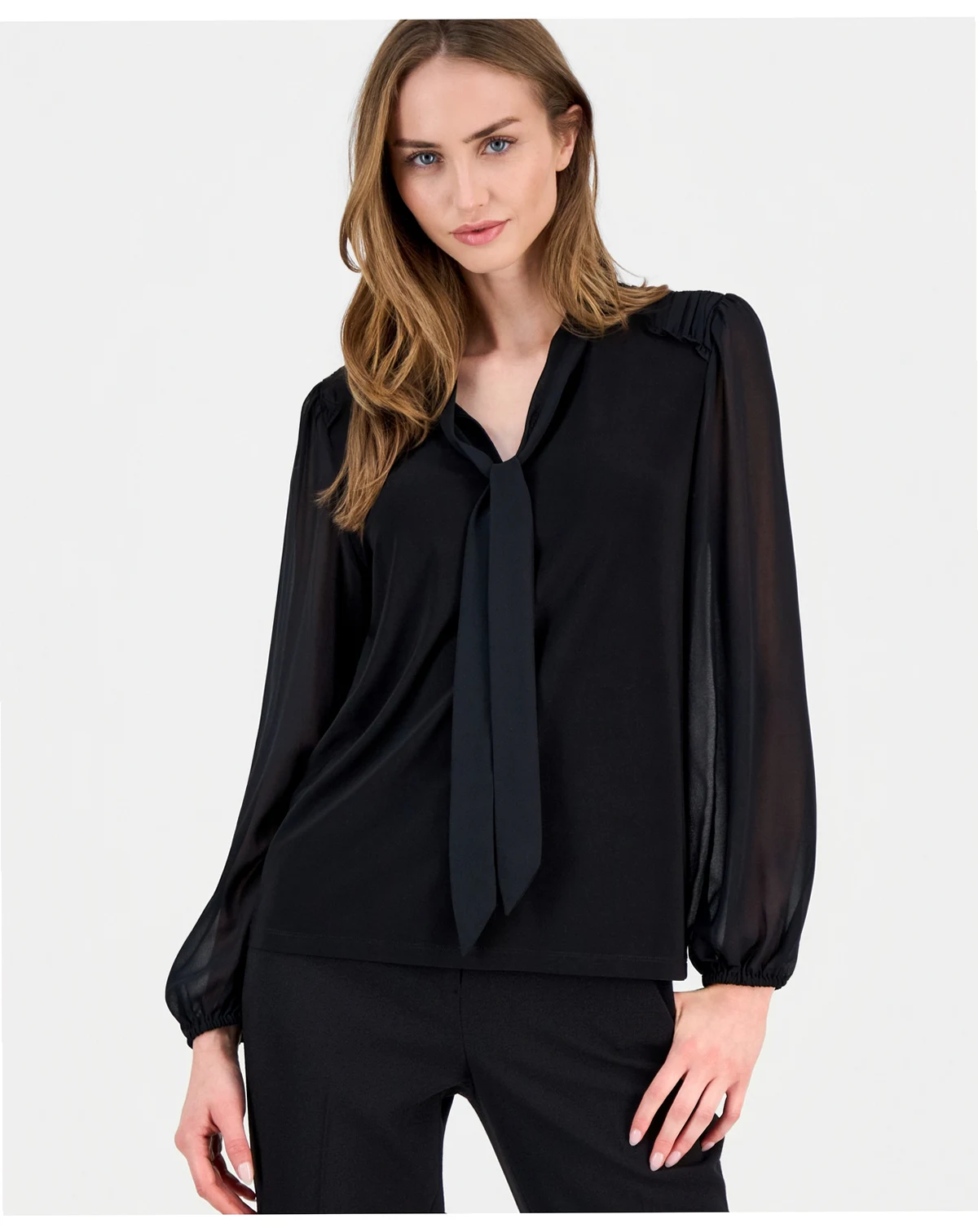 Women's Blouson-Sleeve Tie-Neck Blouse