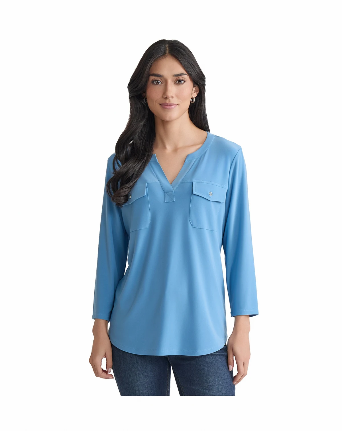 Women's Solid 3/4-Sleeve Flap-Pocket Knit Top