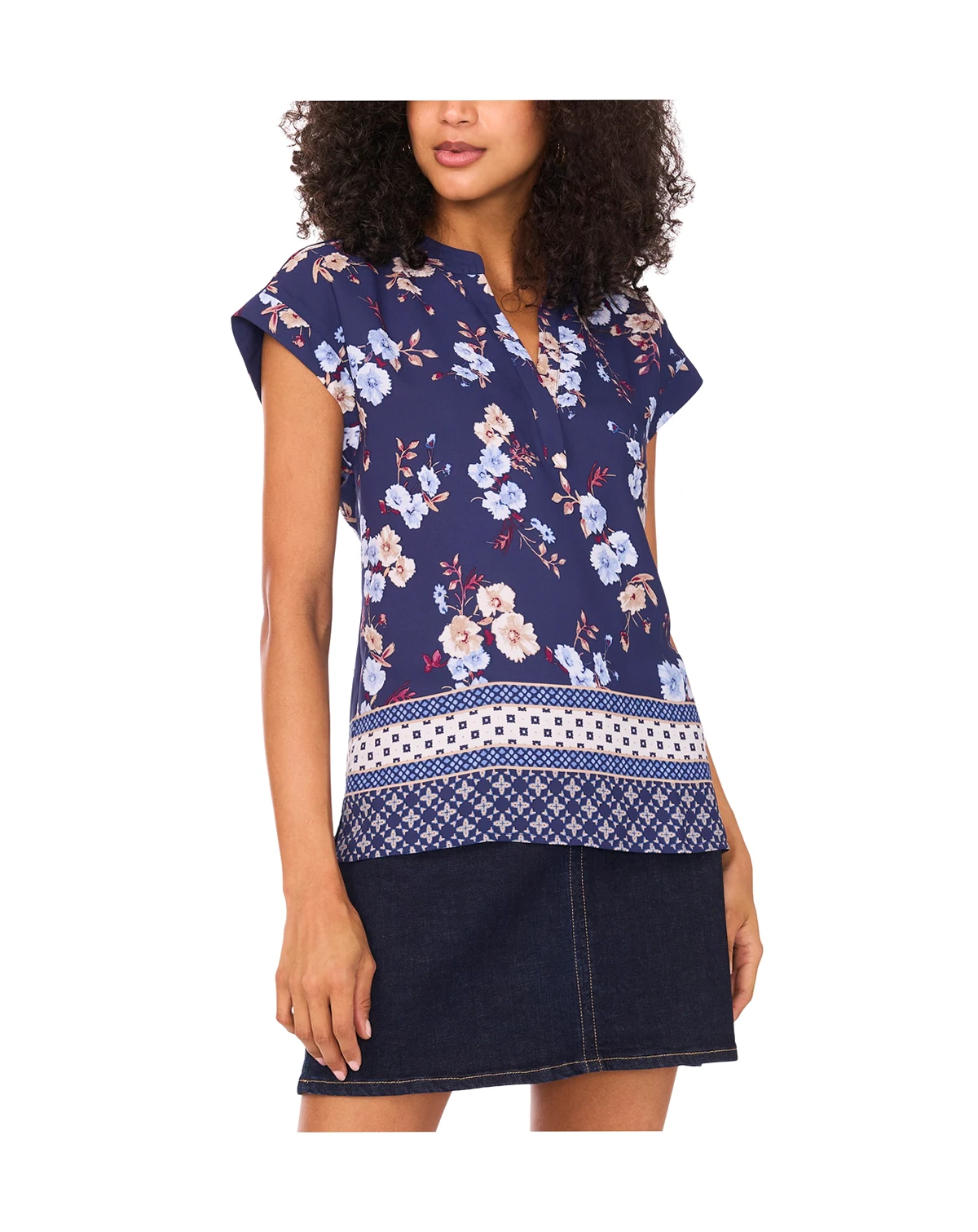 Women's Mixed-Print Split-Neck Blouse