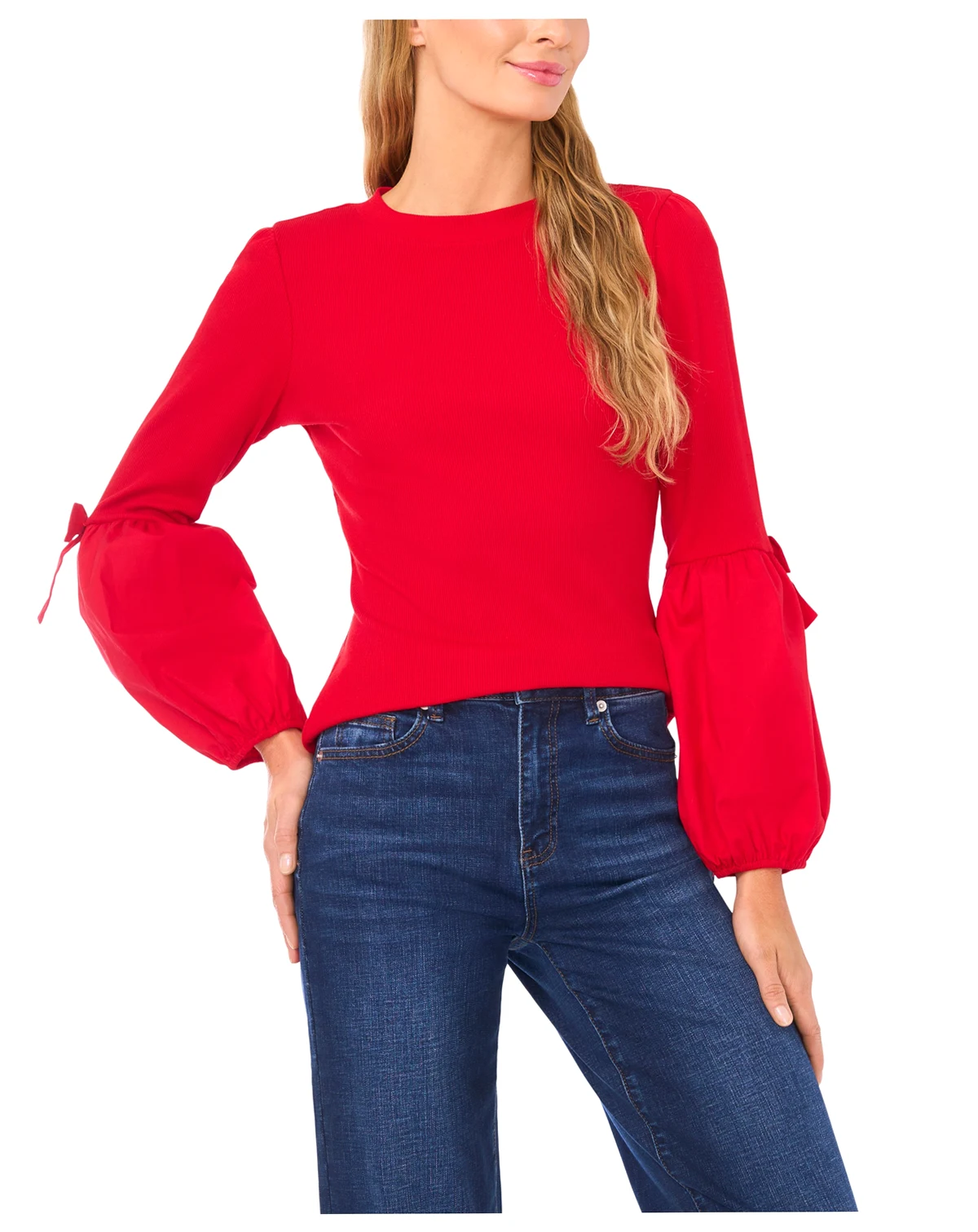 Women's Mix Media Rib Knit Balloon Long Sleeve Blouse