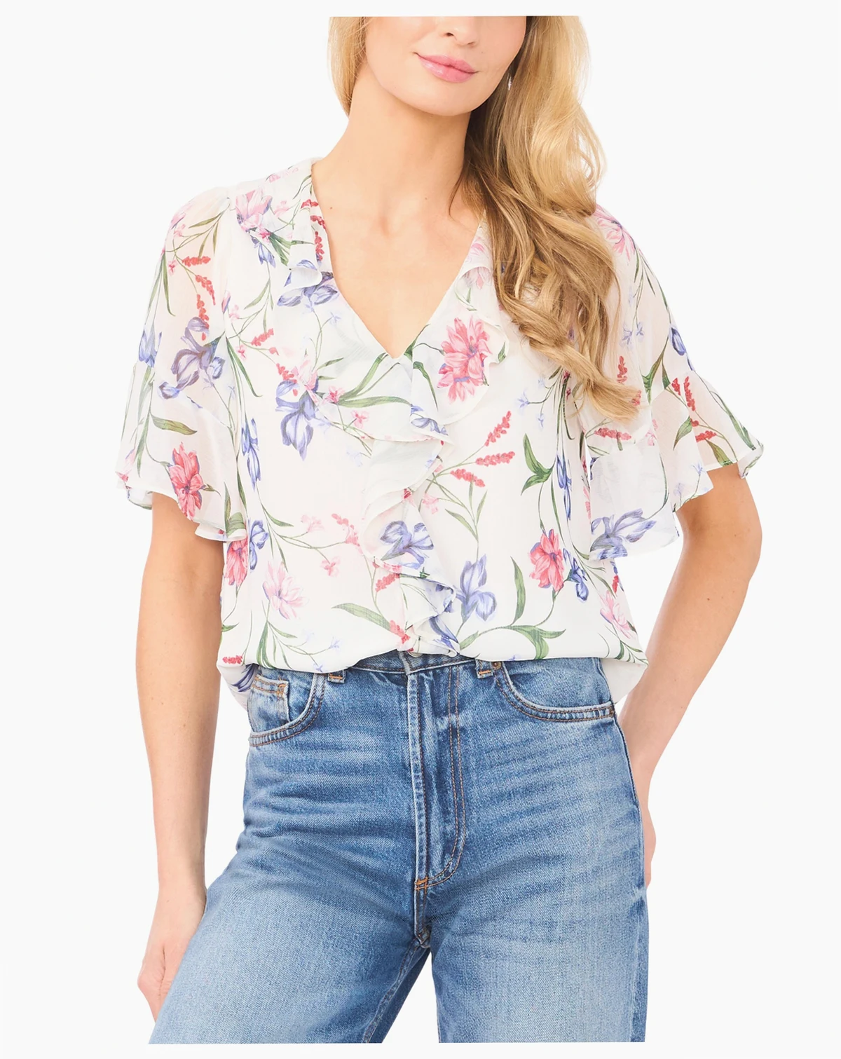 Women's Flutter Sleeve Ruffle Detail V-Neck Top