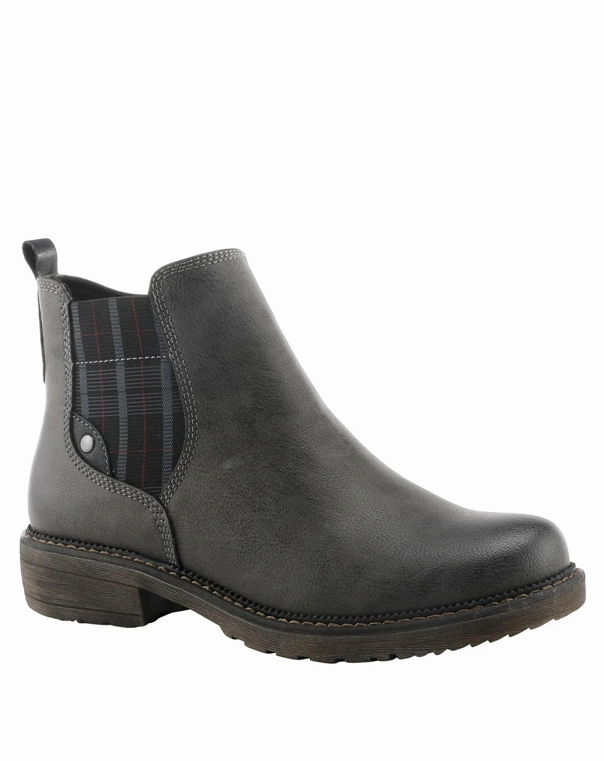 Nonia Chelsea-Inspired Bootie with Plaid Stretch Gore and Shock-Absorbing Sole