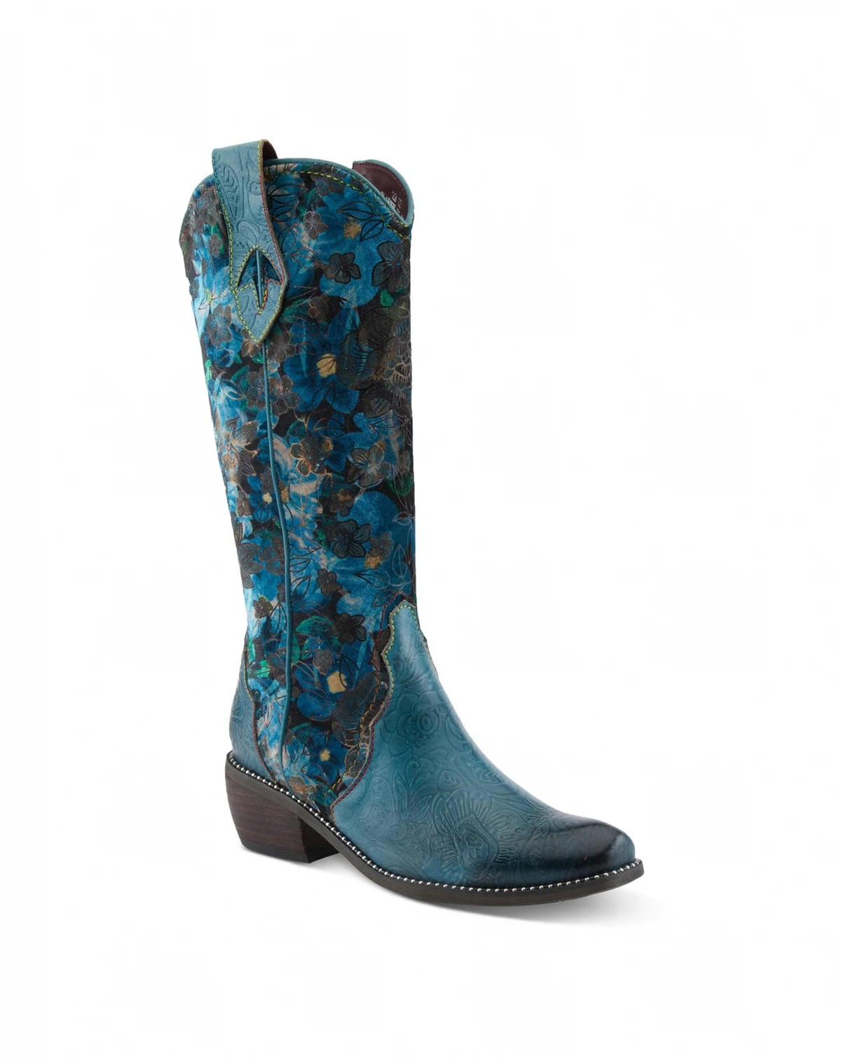 L Artiste Women s RODEOQUEEN-VIV Western Tall Boots with Embossed Leather, Floral Velvet Shaft, and Stacked Heel