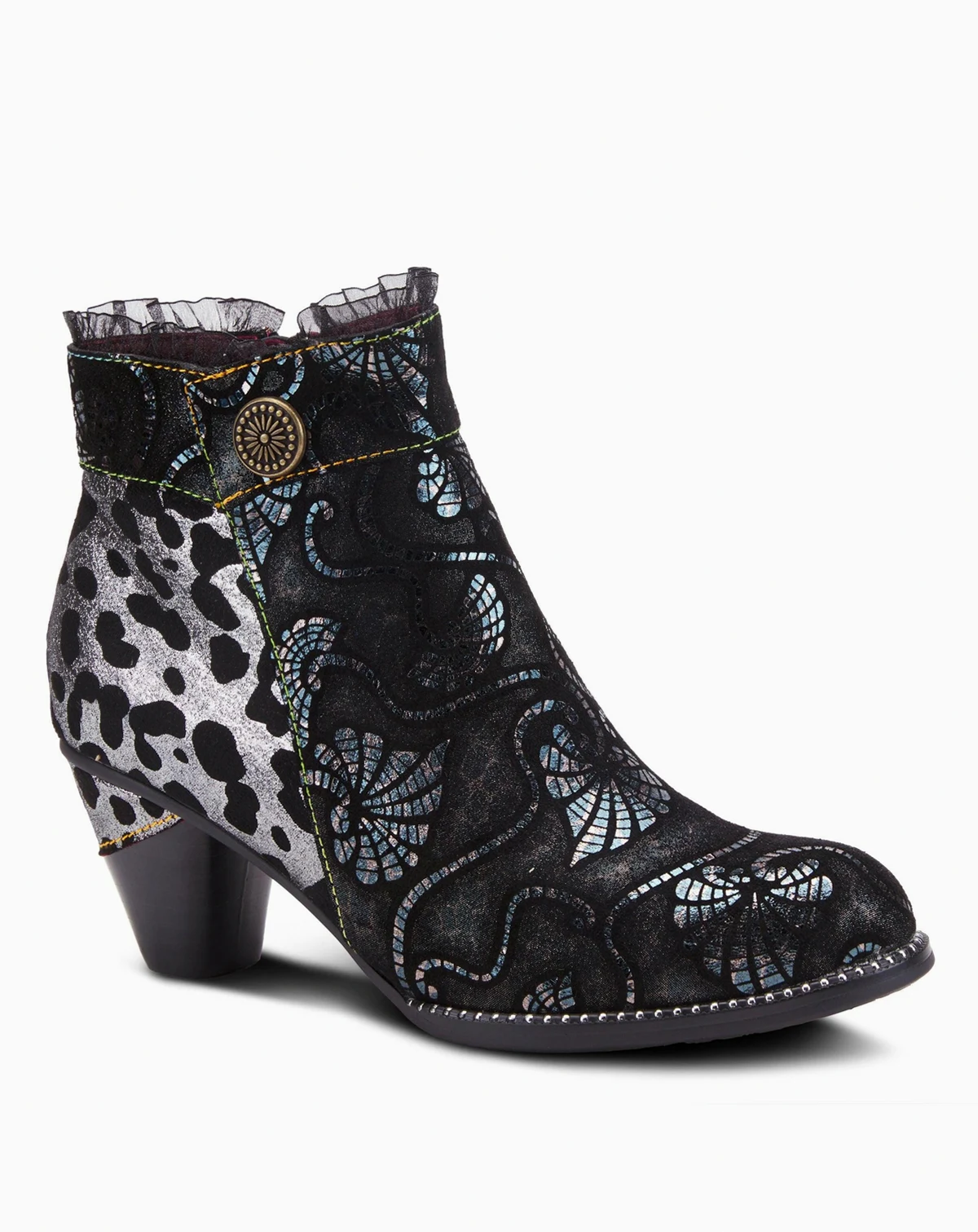 Women's Dessa Leather Booties with Animal Print and Metallic Suede,  Rainbow Stitching, and Cone Heel – Textured Zip-Up Statement Boot