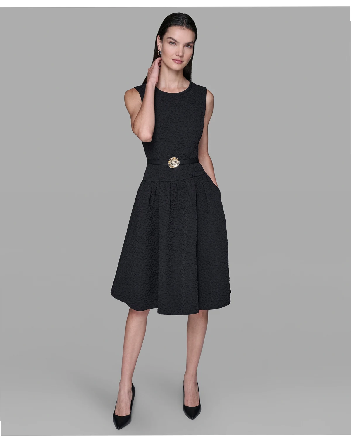 Women's Floral Crew Neck Belted Midi Dress