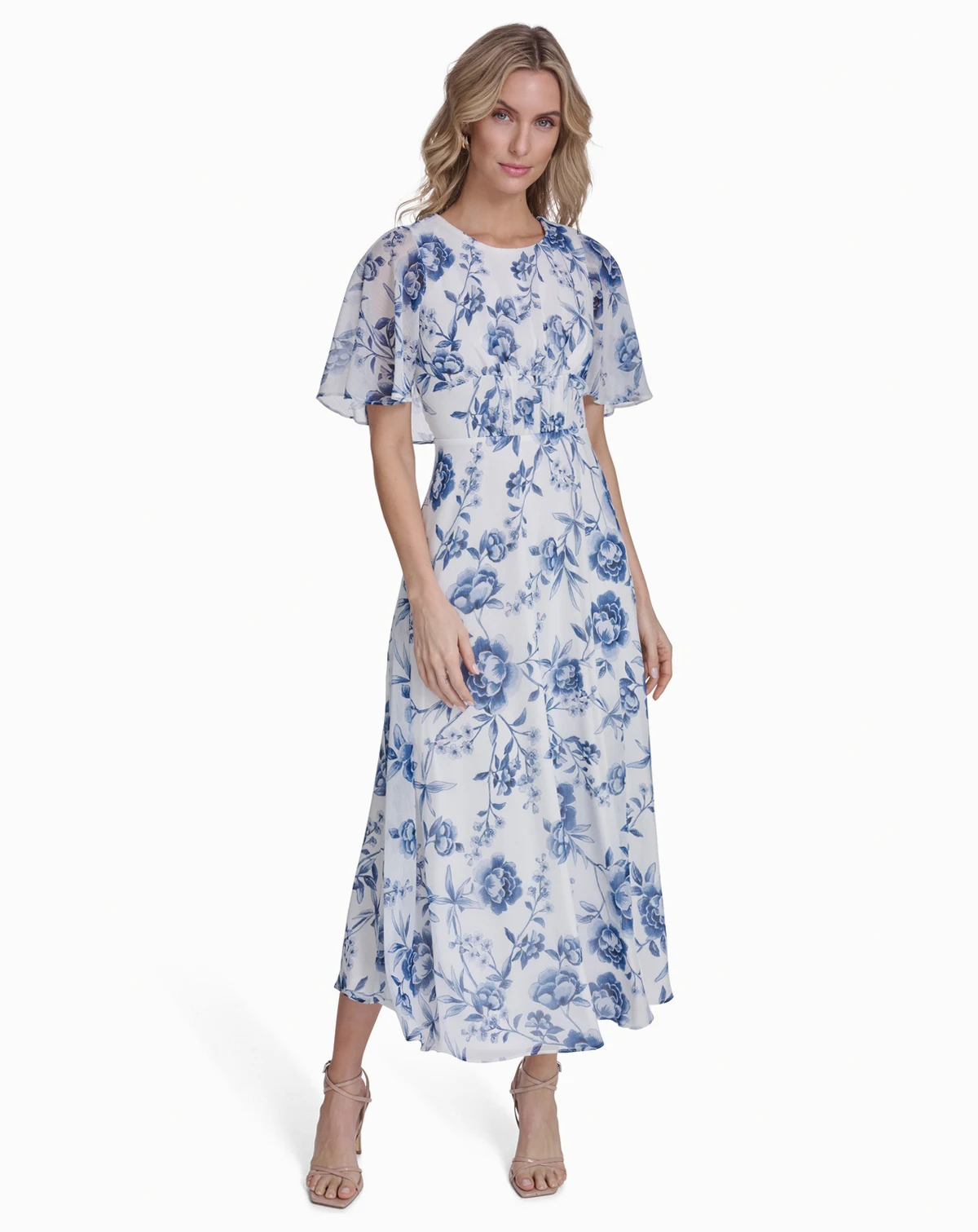 Women's Cape-Sleeve Smocked Printed Dress