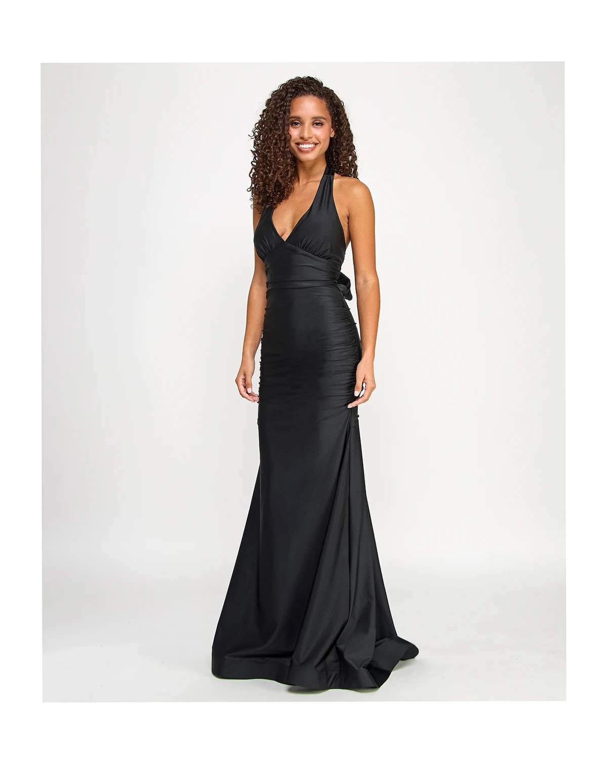 Juniors' Ruched Tie-Back Halter Gown