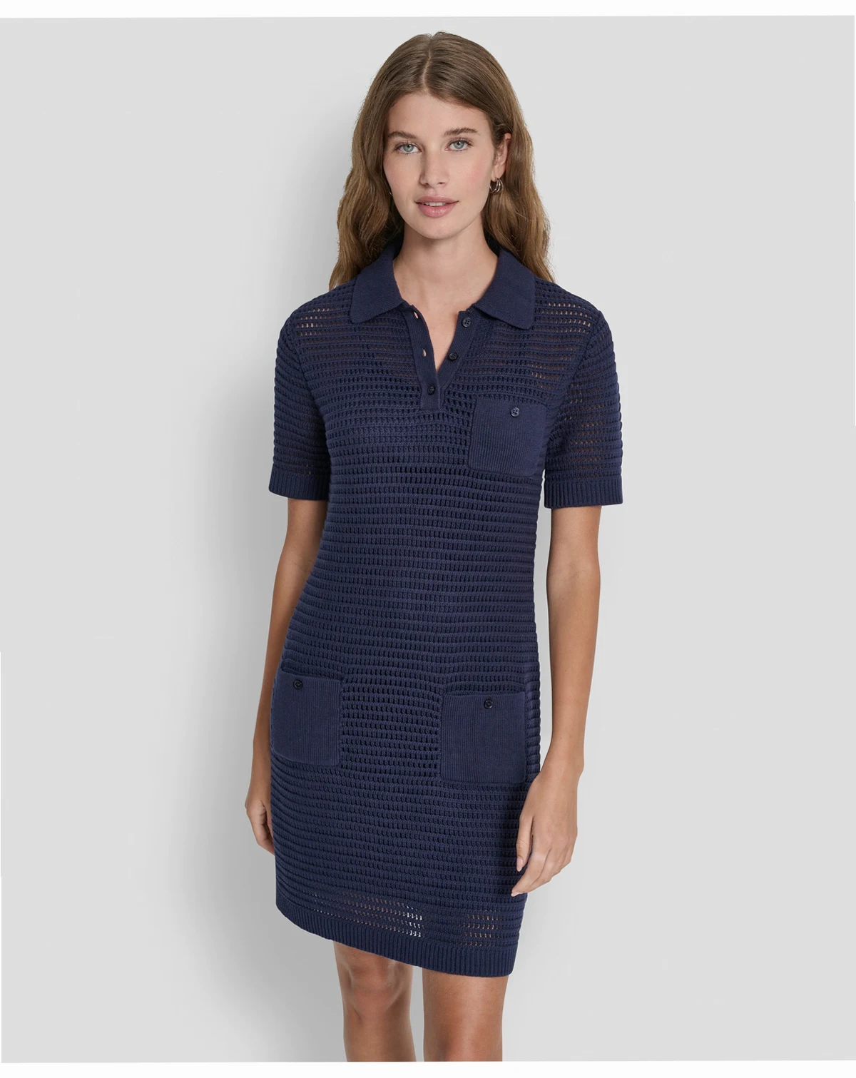 Women's Short-Sleeve Polo Collar Faux Crochet Stitch Short Dress