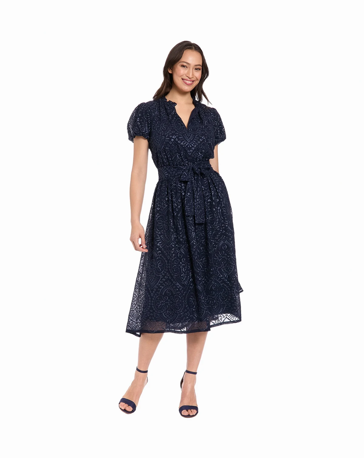 Women's Bubble Sleeve Elastic Waist Midi Dress