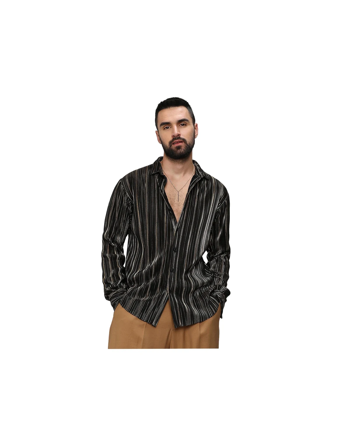 Men's Jet Black & Metallic Gold Pleat-Creased Shirt