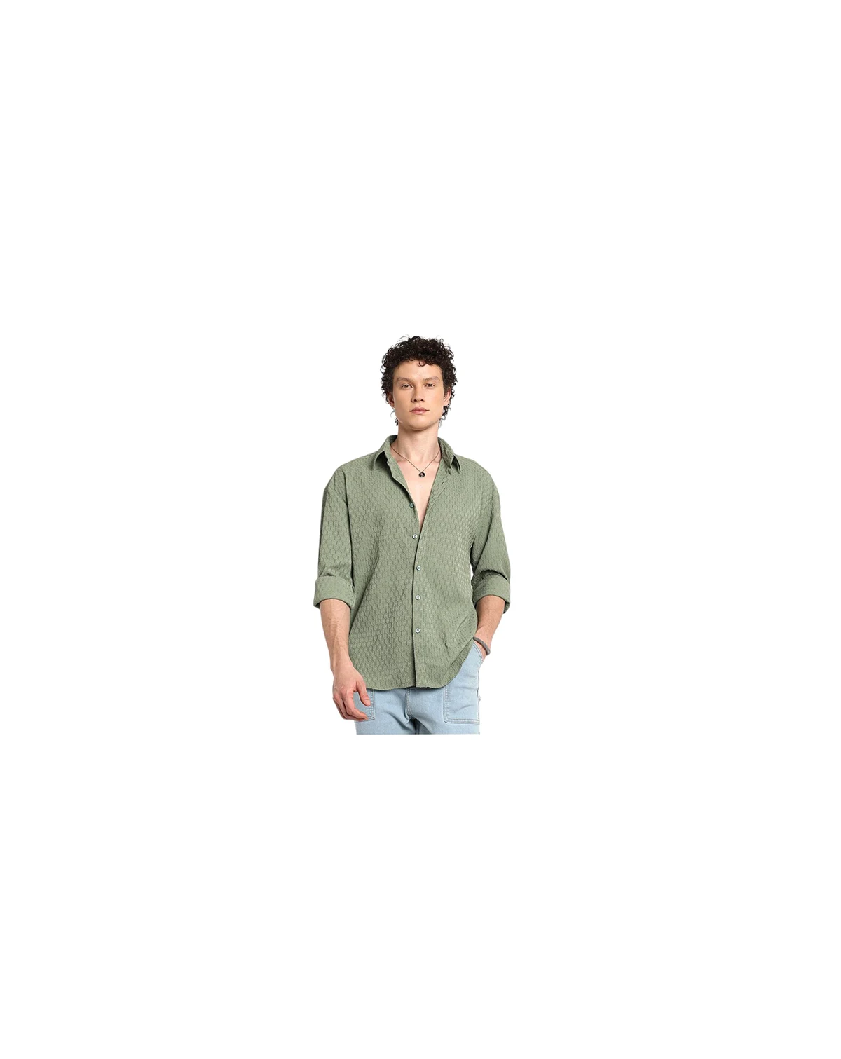 Men's Fern Green Honeycomb-Textured Oversized Shirt