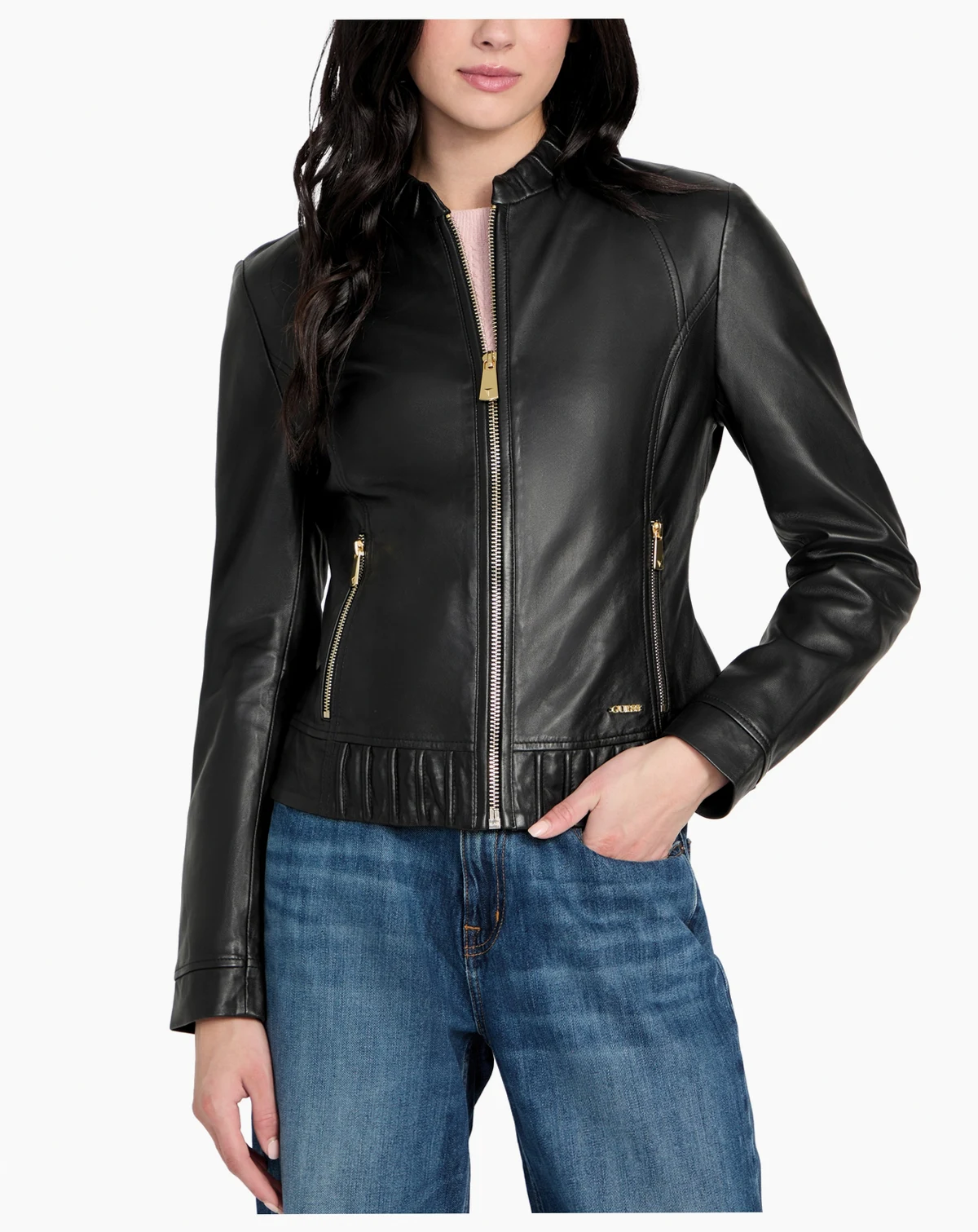 Women's Collarless Zip-Front Leather Jacket