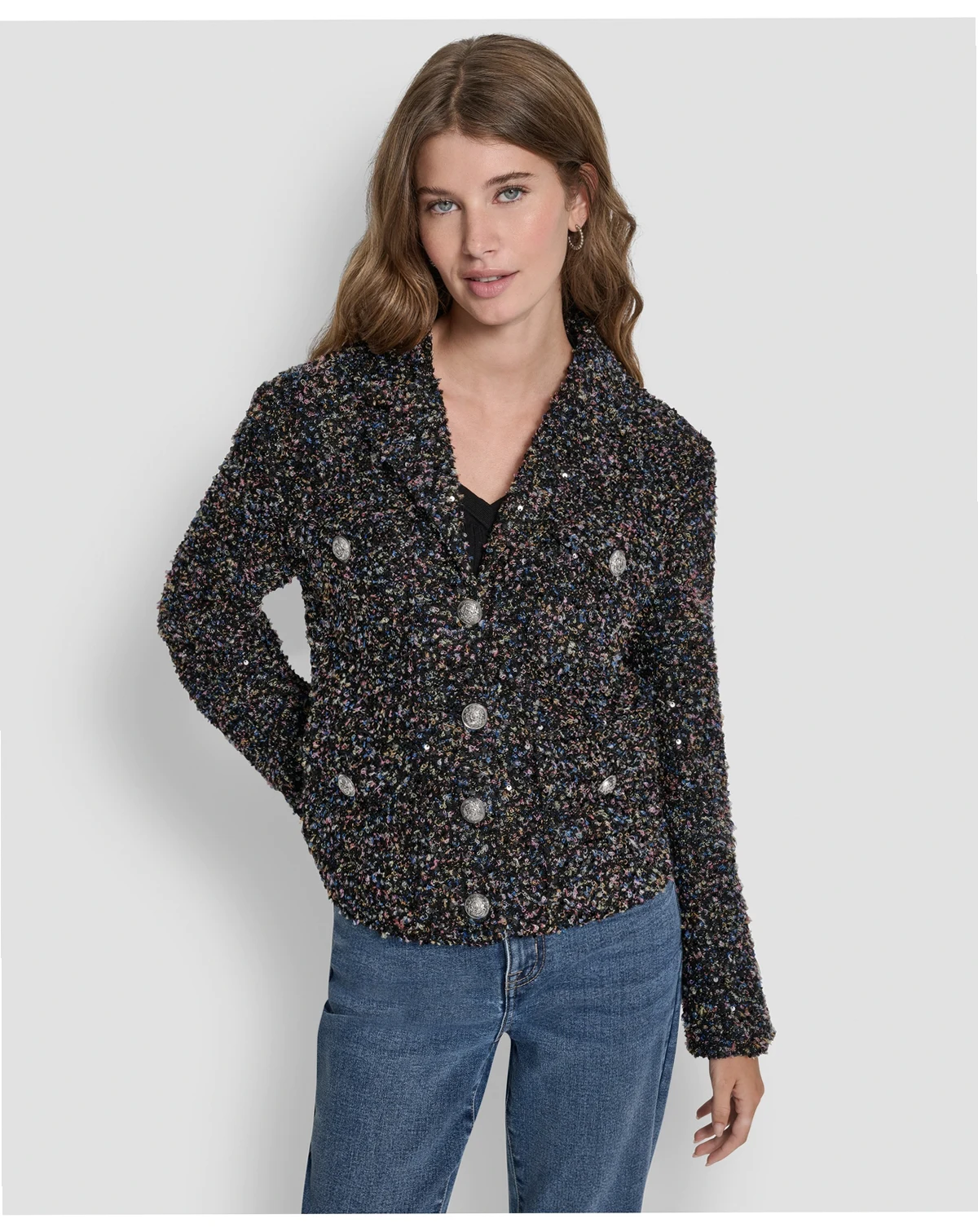 Women's Sequin Boucle Button -Front Jacket
