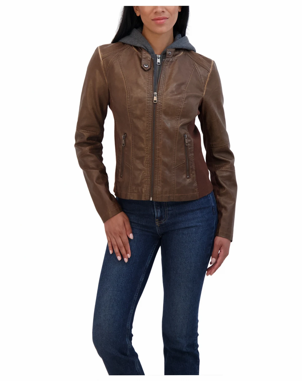 Women's Zip Front Faux Leather Jacket With Removeable Hood Bib