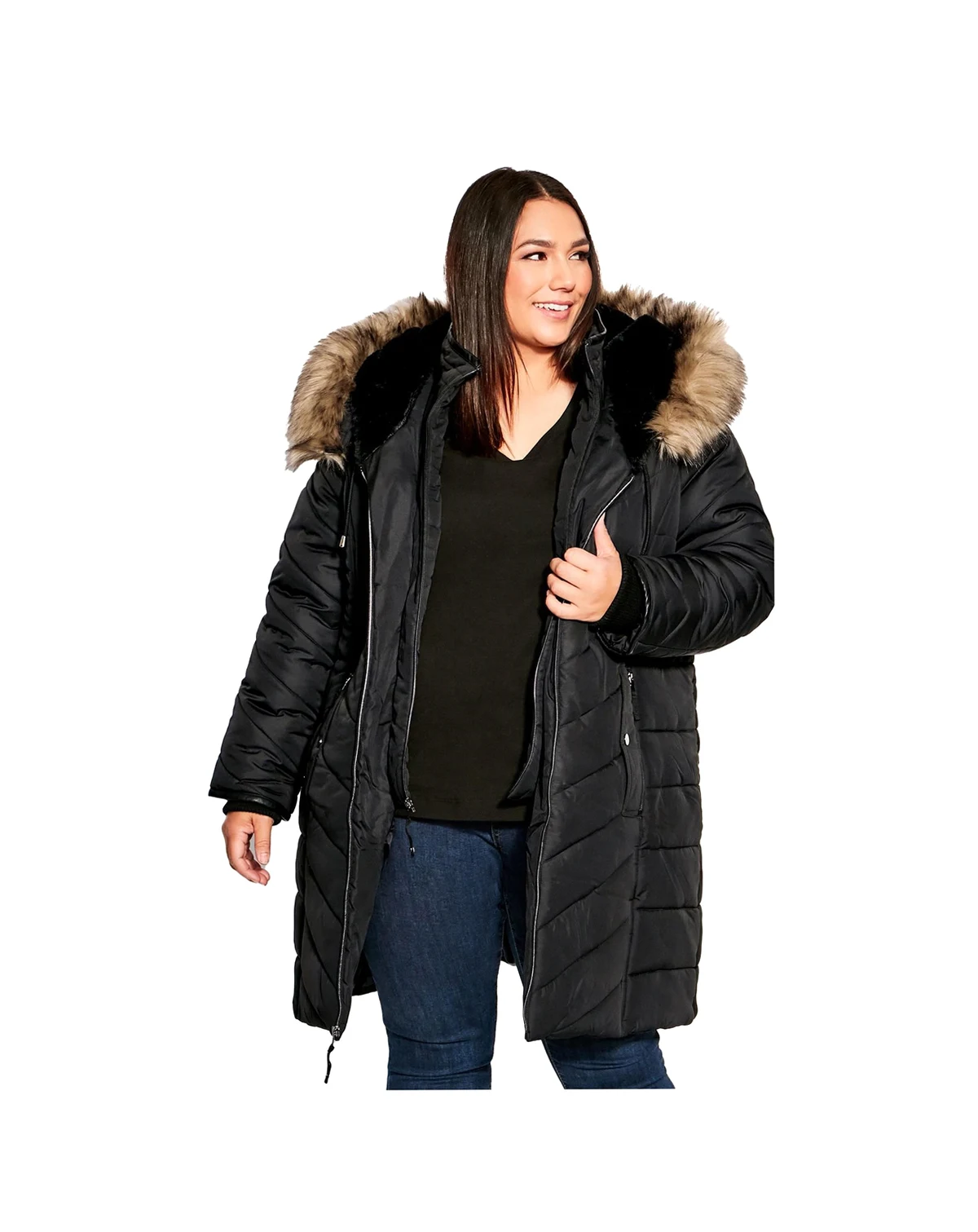 Women's Chevron Long Puffer Coat with Faux Fur Hood