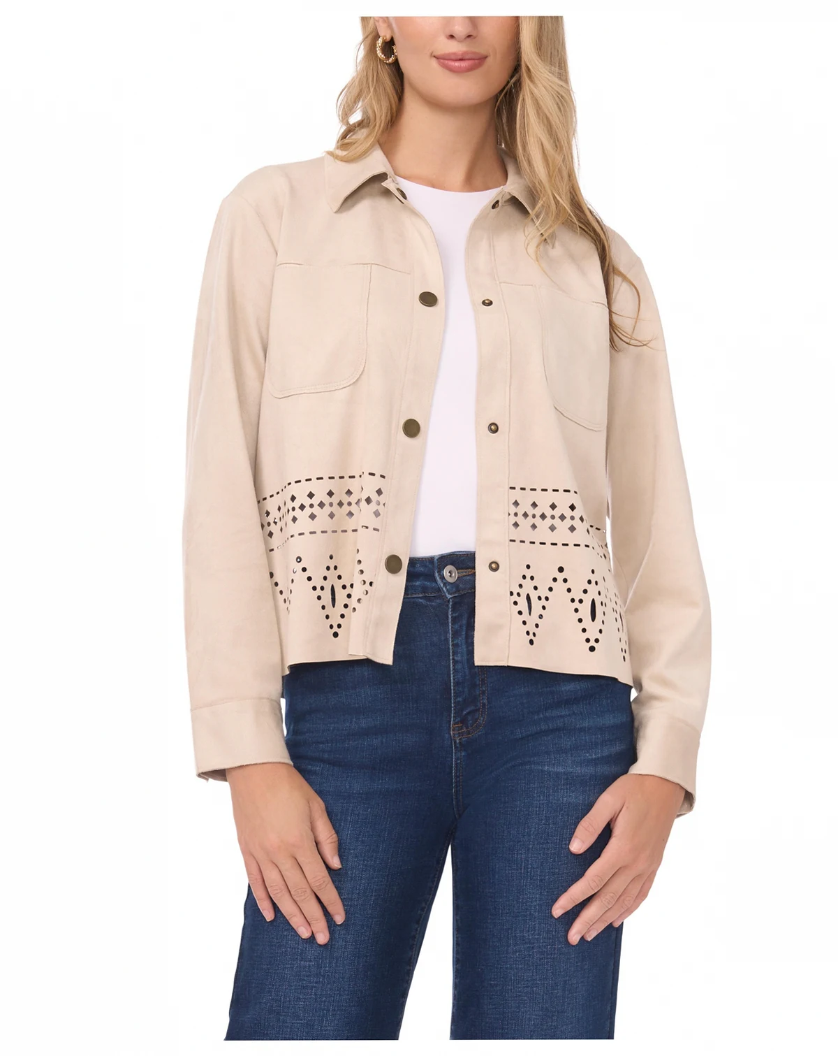 Women's Collar Button-Down Eyelet Hem Jacket