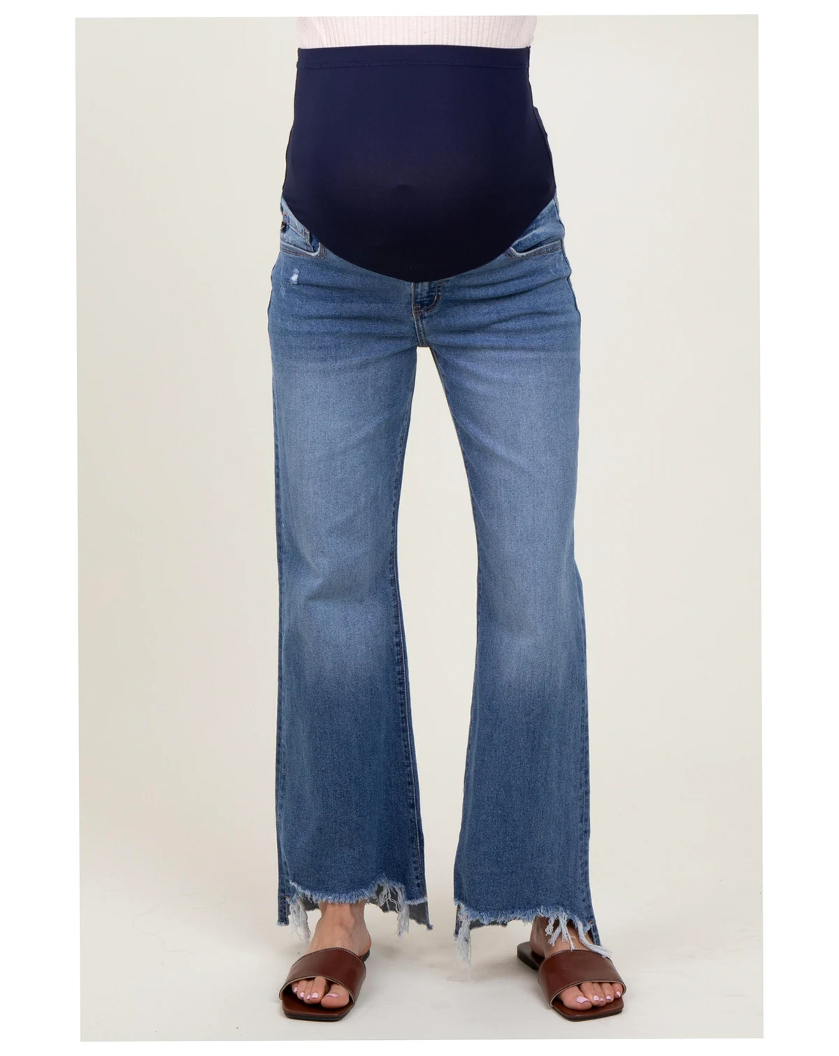 Blue Distressed Fringe Hi-Lo Hem Cropped Flare Maternity Jeans