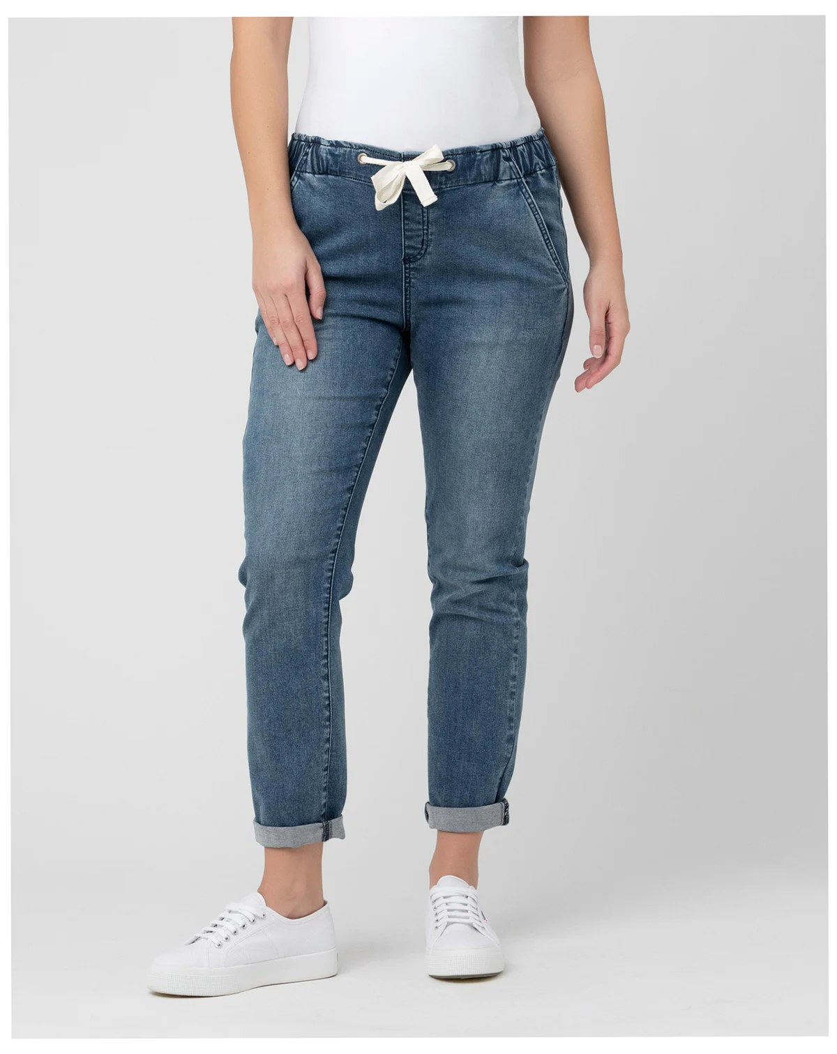 Maternity Comfy Denim Jogger with Tie Blue