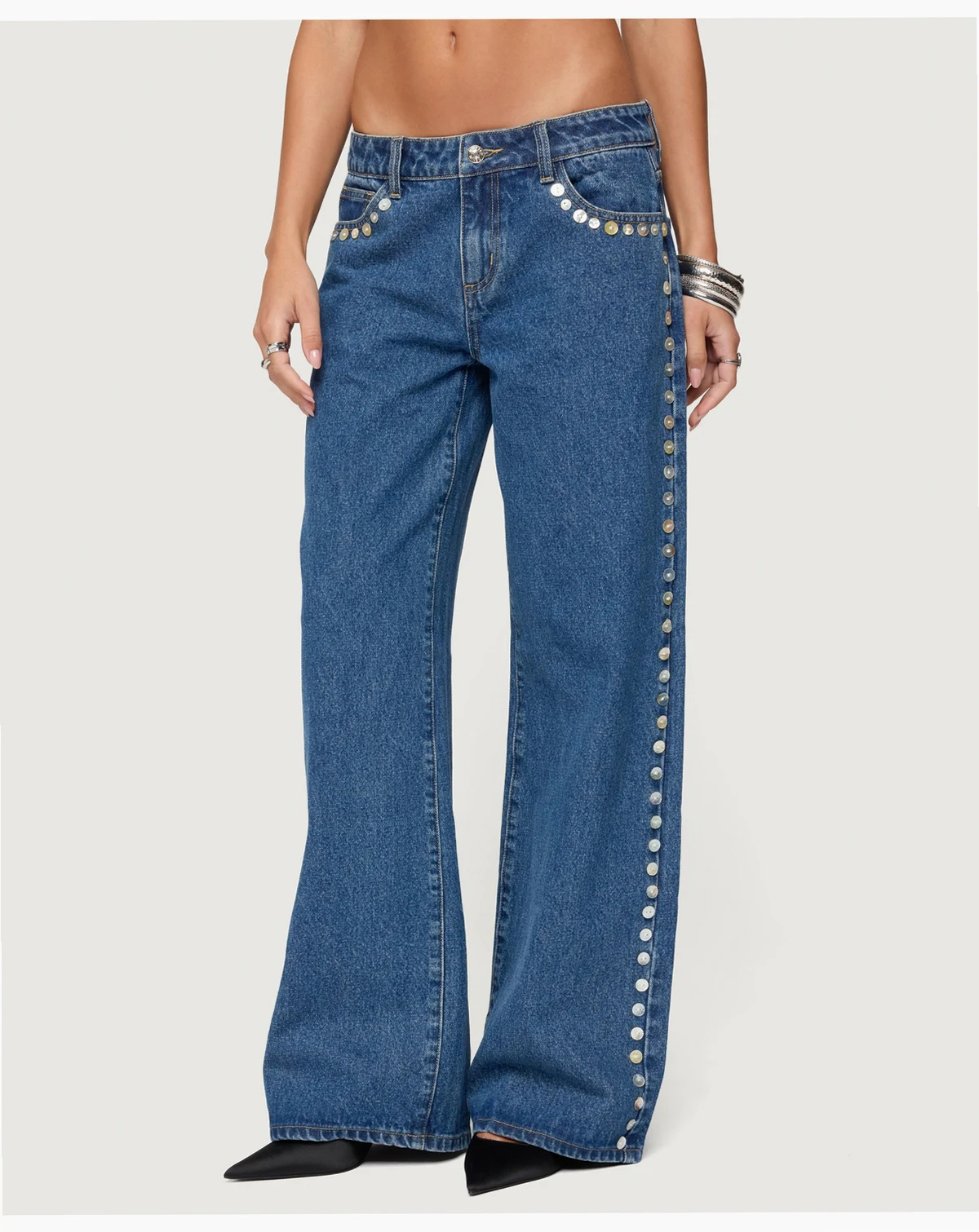 Women's Iridescent Button Low Rise Baggy Jeans