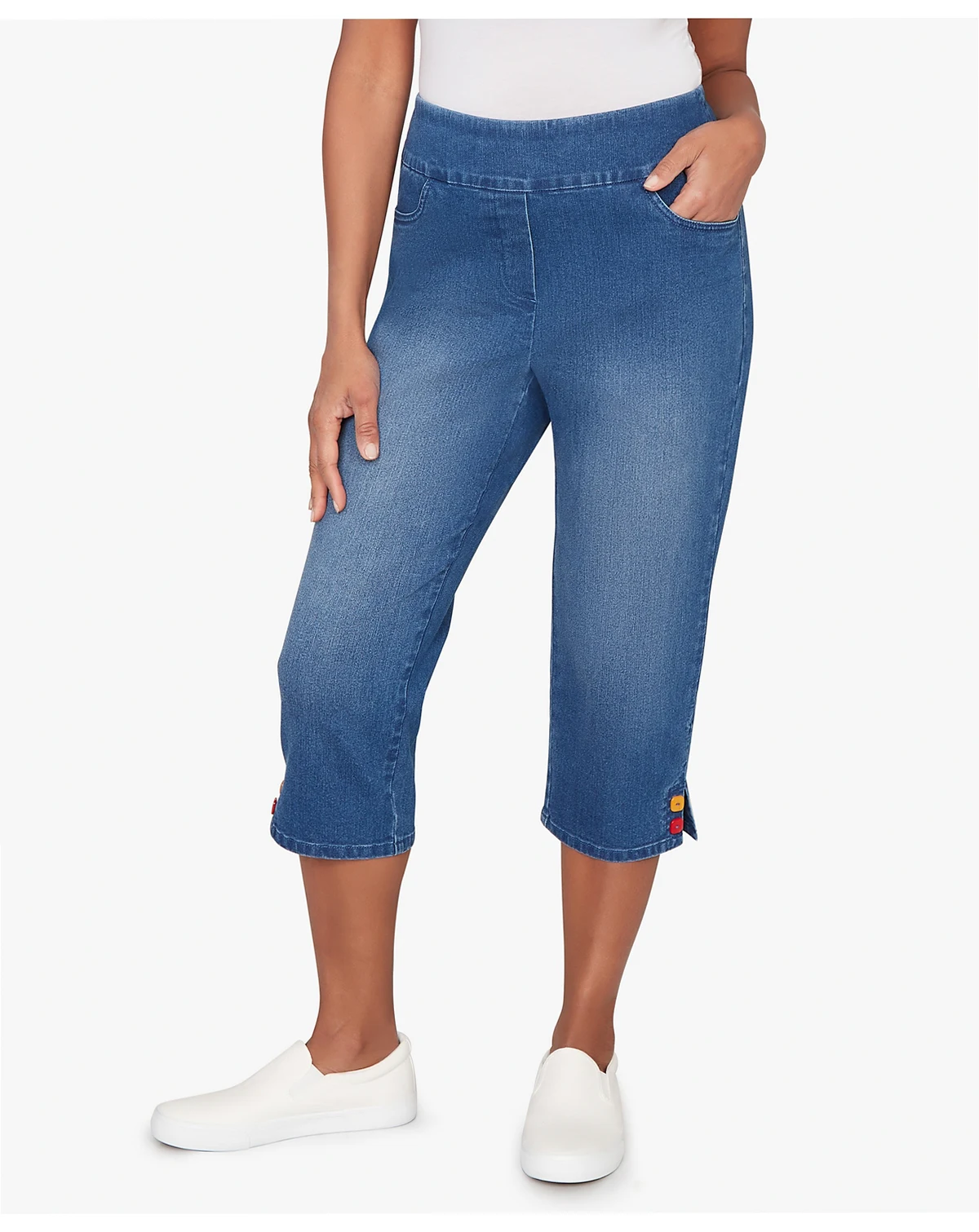 Women's Port Side Colored Button Super Stretch Denim Capri Jeans