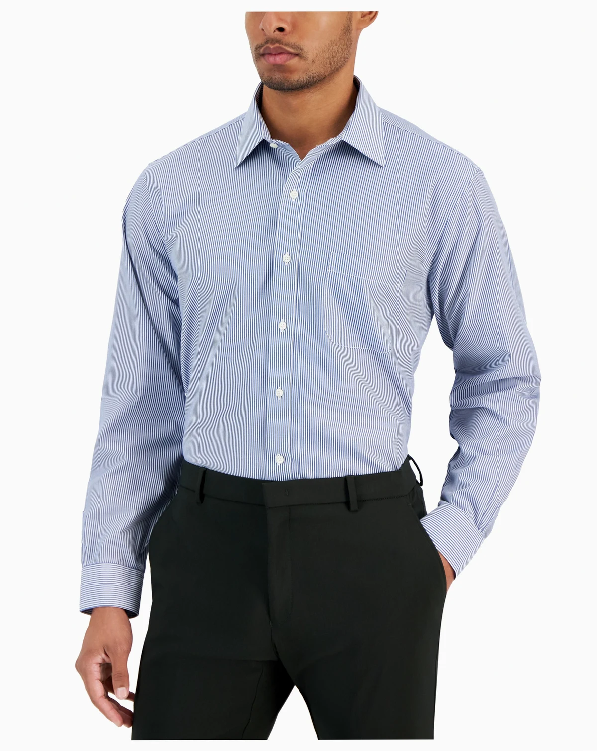 Men's Regular Fit Non-Iron Spread Collar Bengal Stripe Broadcloth Dress Shirt