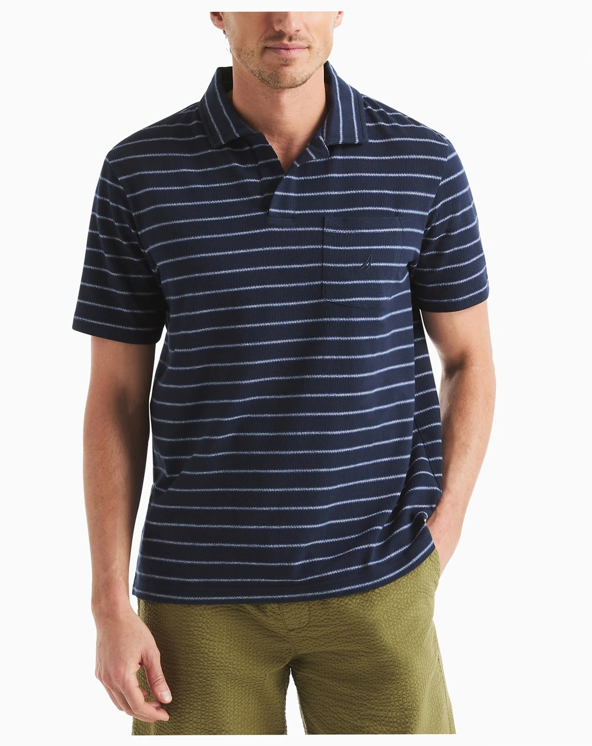 Men's Classic-Fit Stripe Seersucker Johnny Collar Pocket Polo Shirt