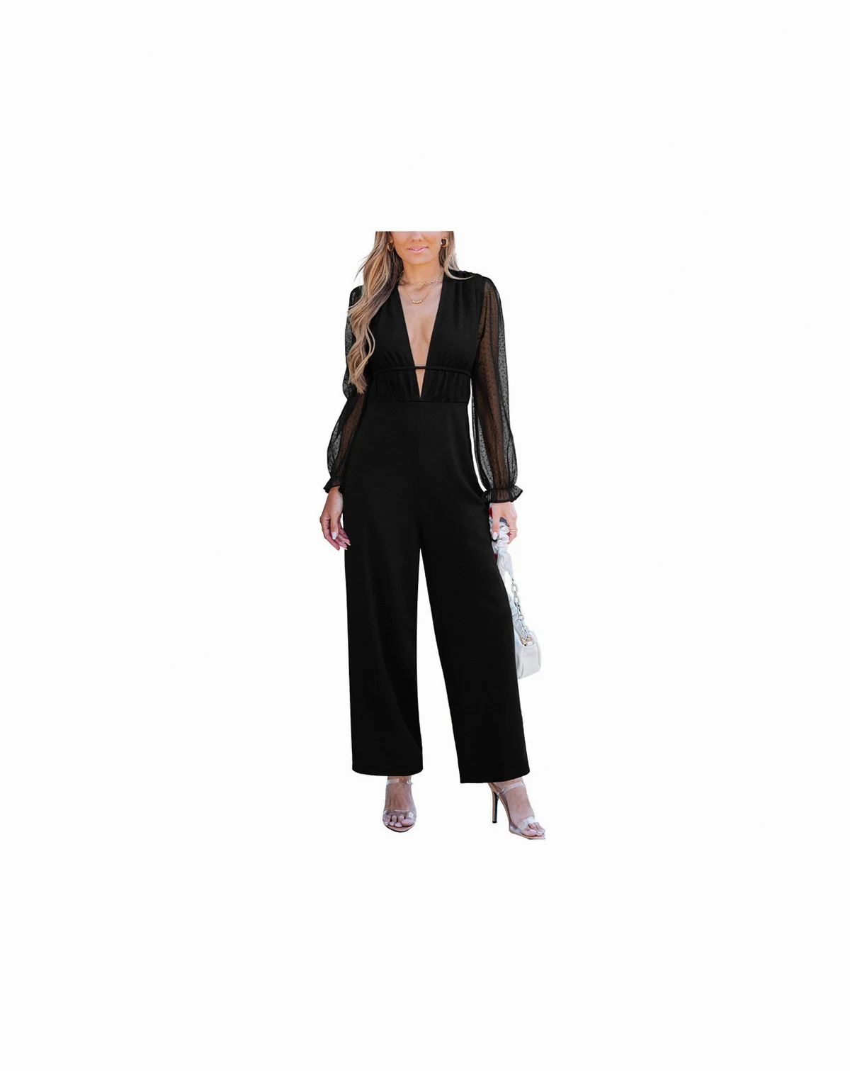 Women's Sheer Sleeve Deep V-Neck Wide-Leg Jumpsuit