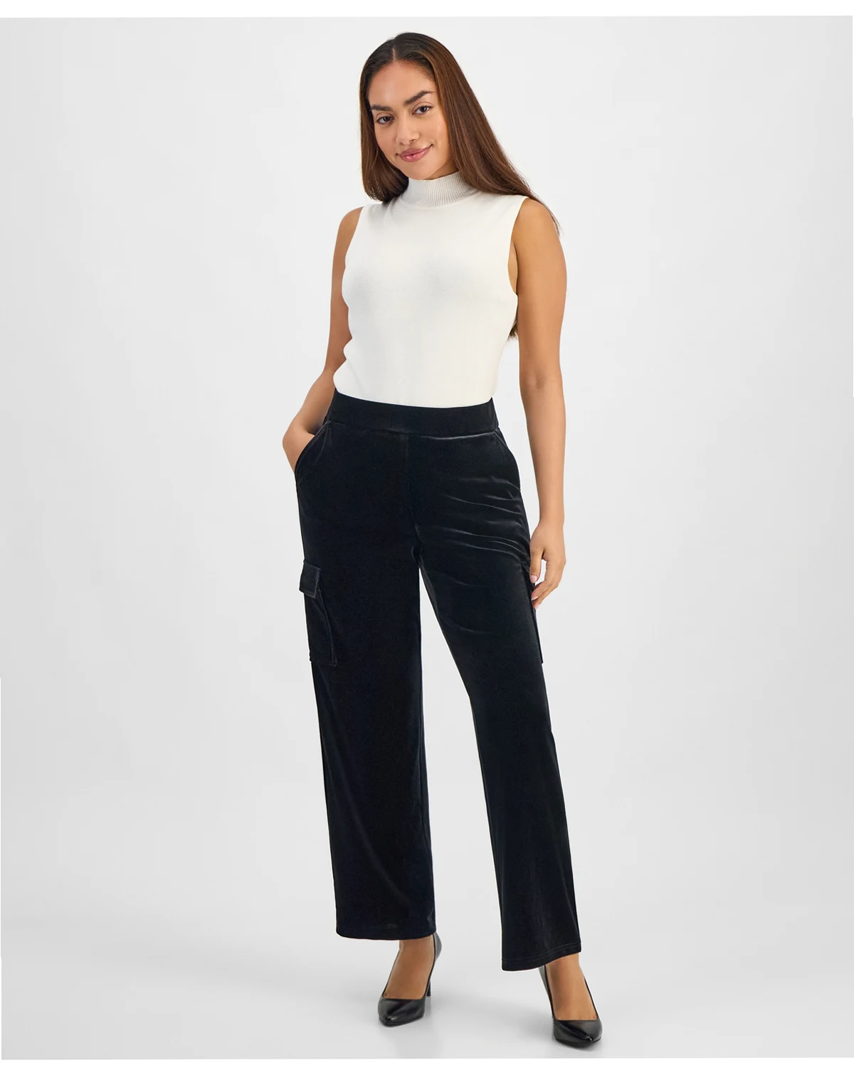 AK Anne Klein Petite Velour Pull-On Cargo Pants