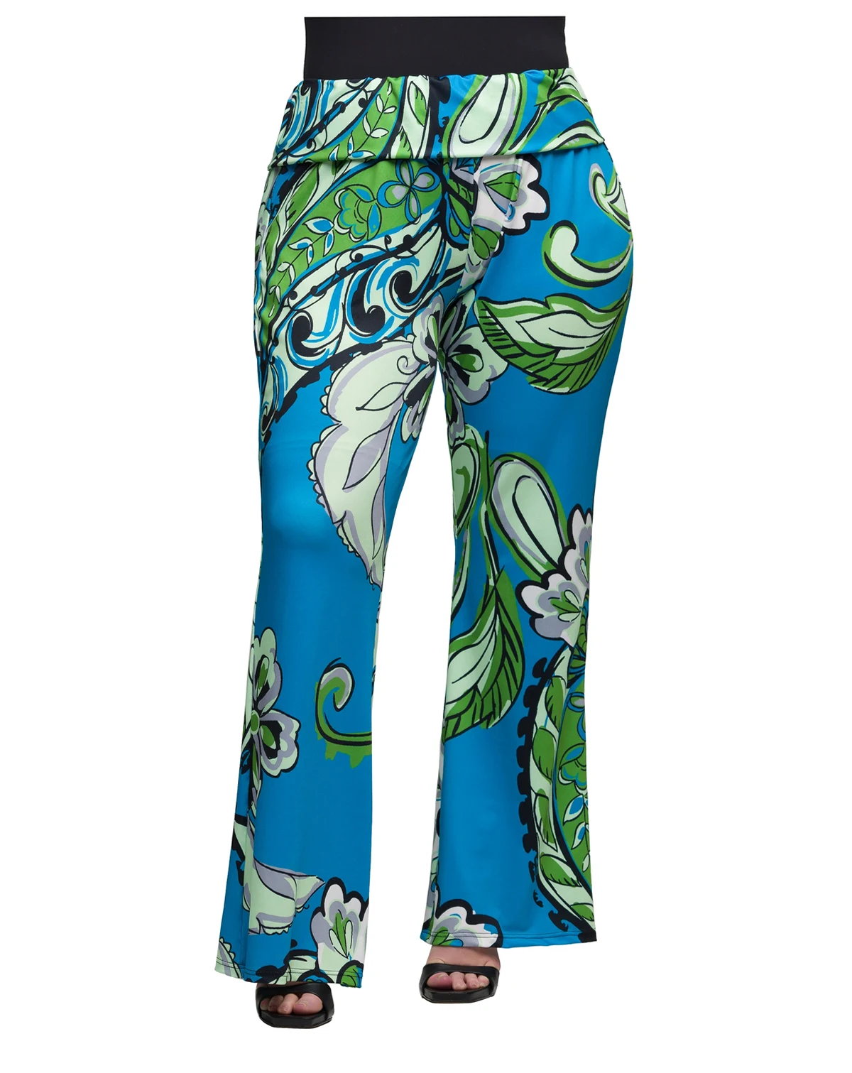 Plus Size Print Bell Bottom Fold Over Waist Pants