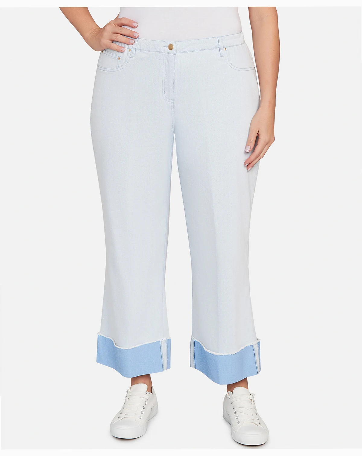 Plus Size Cuffed Pull-On Faux Fly Pants