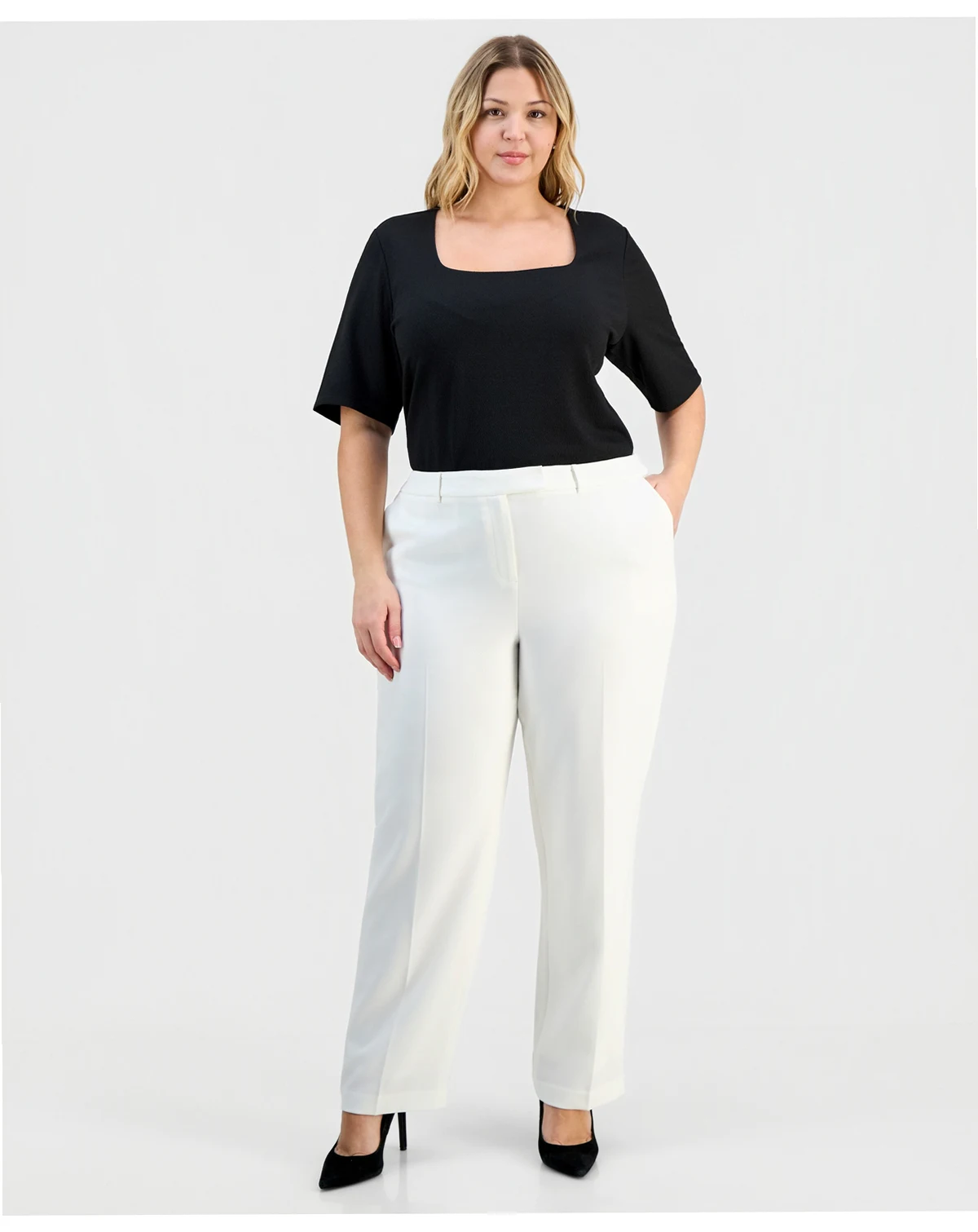 Plus Size Stretch Crepe Press-Pleat Straight-Leg Pants