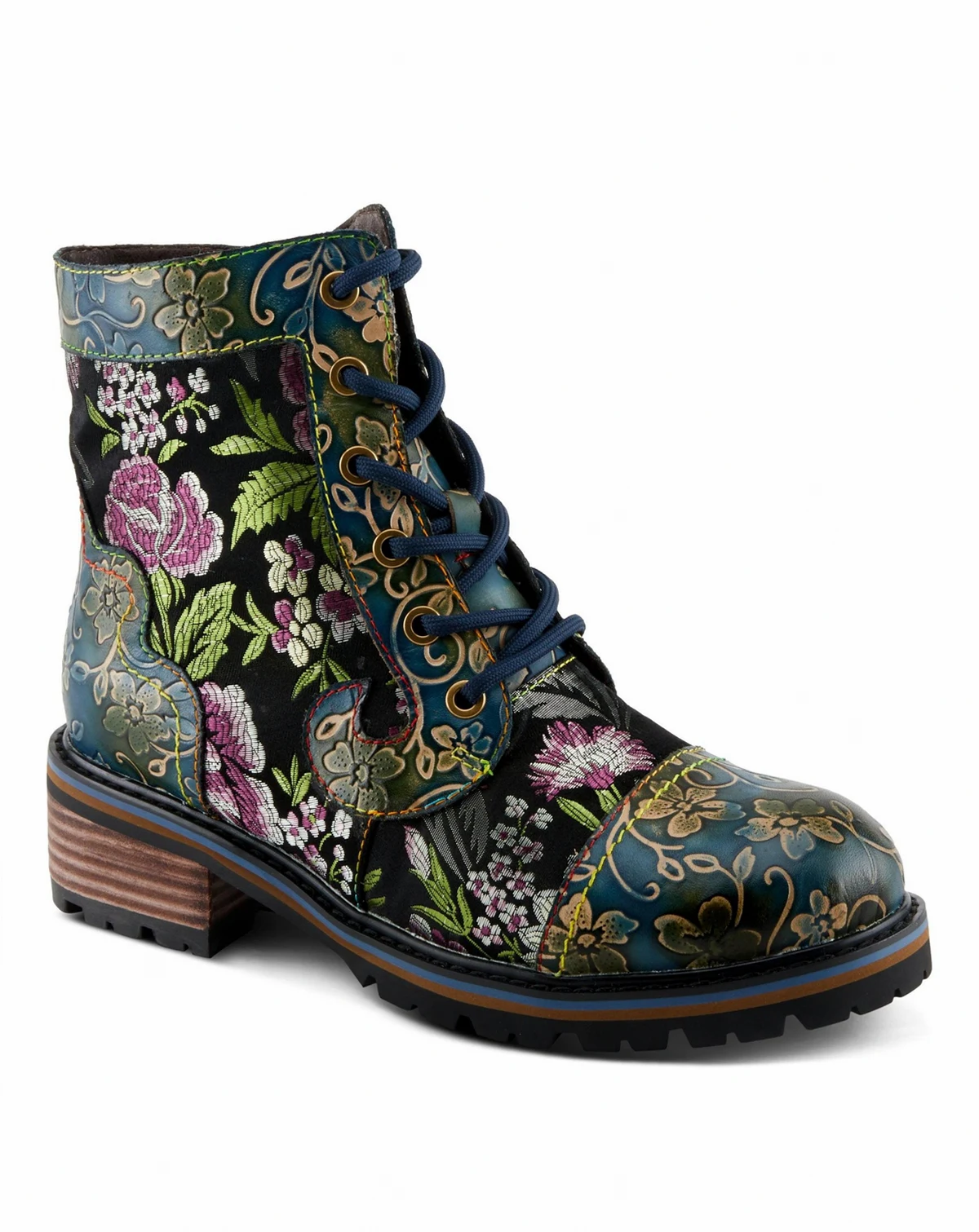 Women's Fantastic Leather Booties with Embroidered Textile, Embossed Floral Leather,  and Lug Sole – Comfort Ankle Boots for Fall Style