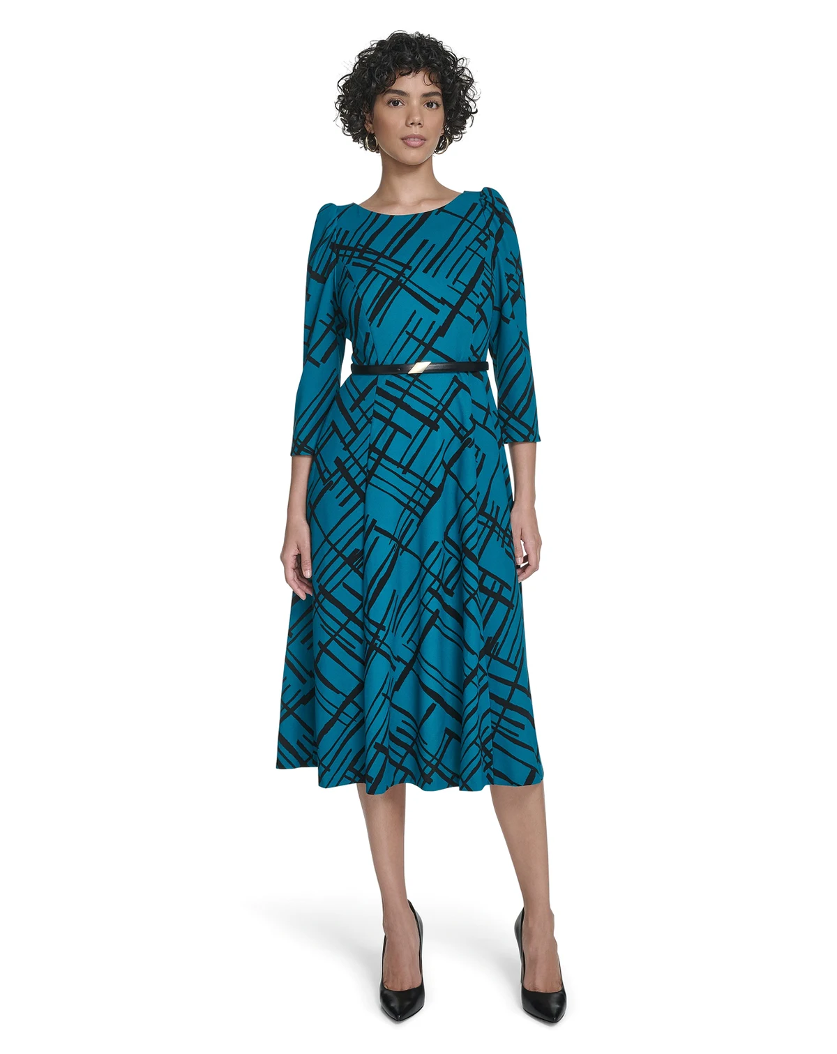 Women's Belted Plaid Midi Dress