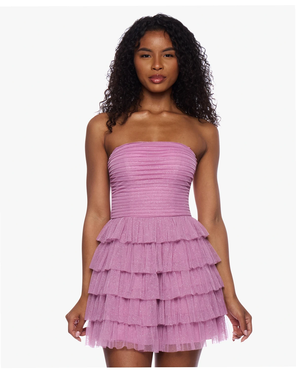 Juniors' Strapless Side-Shirred Tiered Glitter Mini Dress