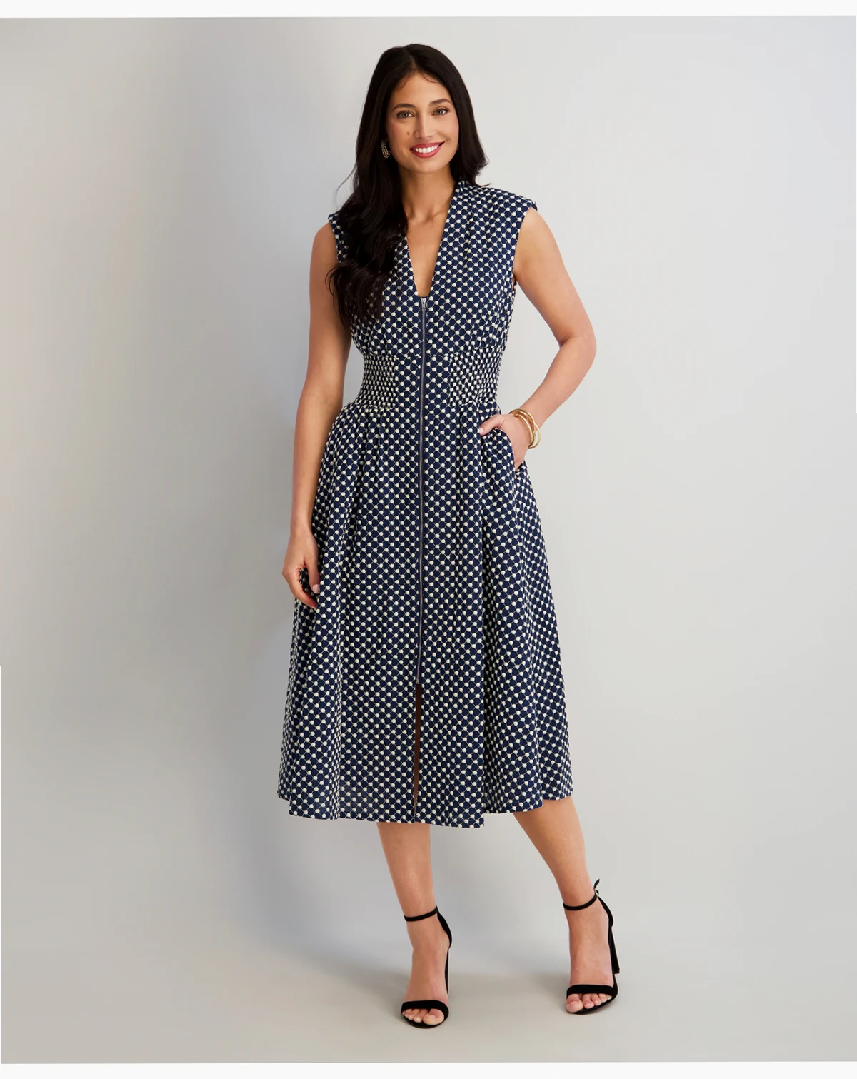 Women's Embroidered Cotton Zip-Front Midi Dress