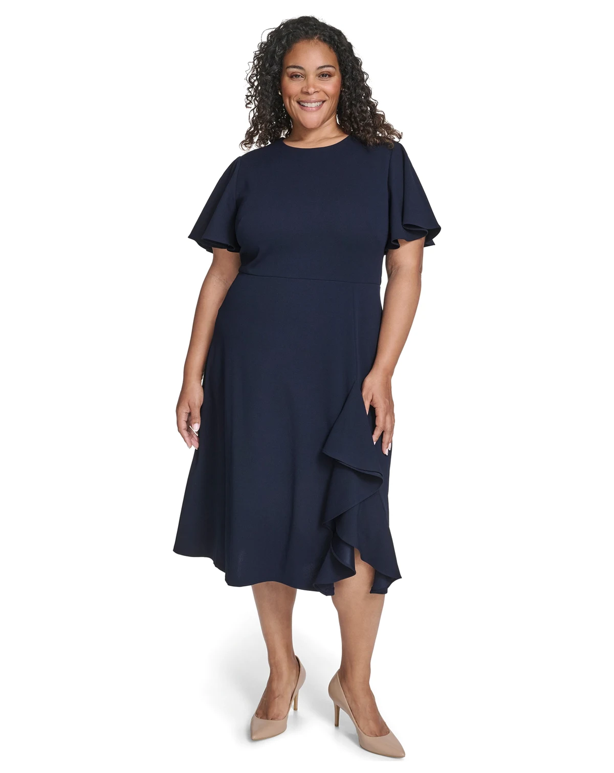 Plus Size Flutter Sleeve Round Neck Midi Dress