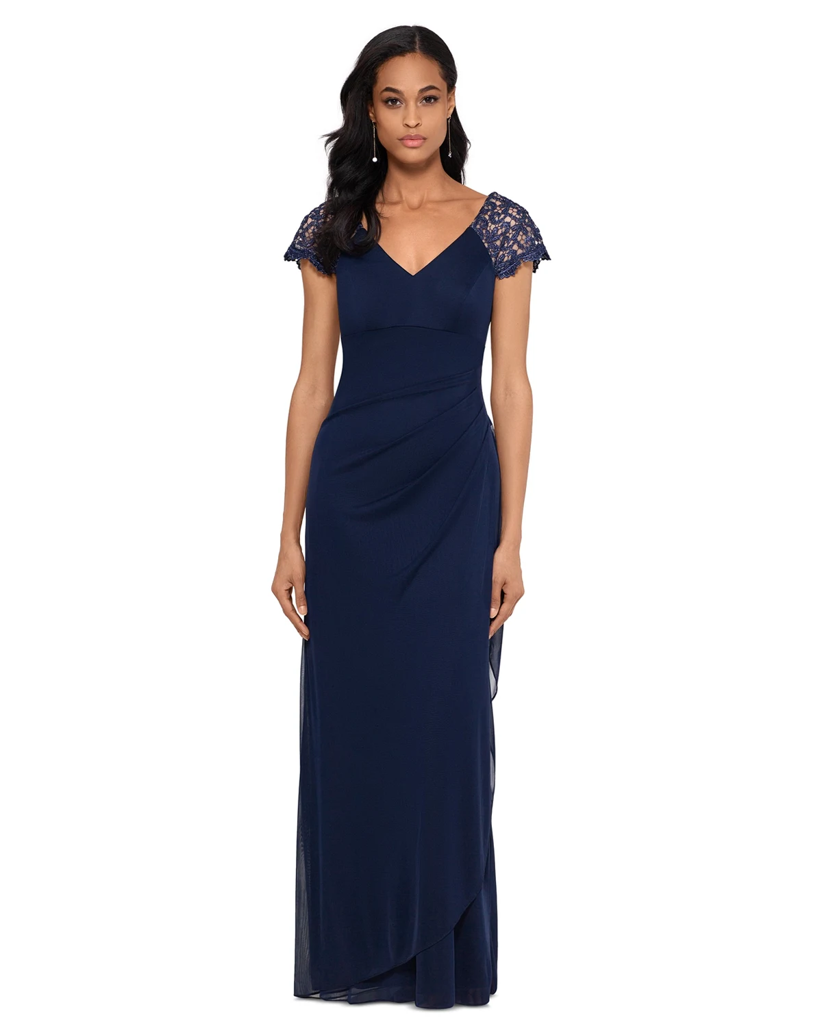 Lace-Sleeve Chiffon Gown