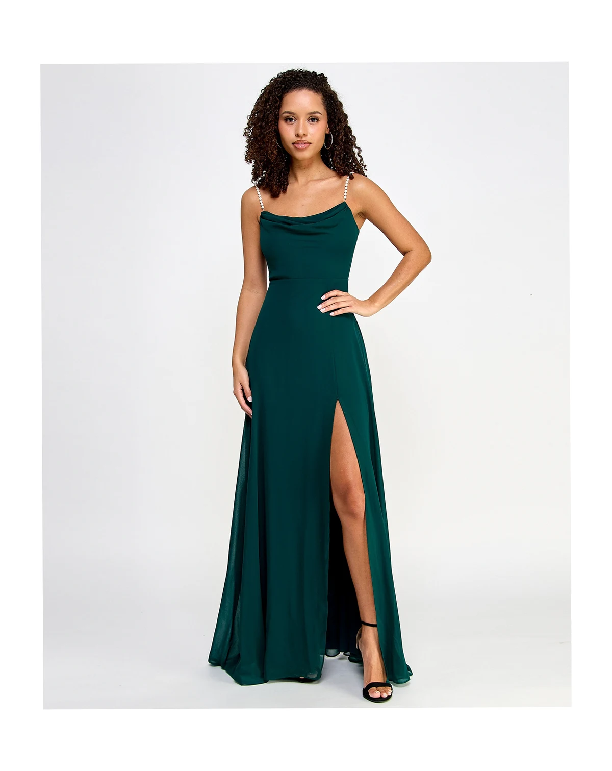 Juniors' Drape-Neck Faux-Peal-Strap Gown