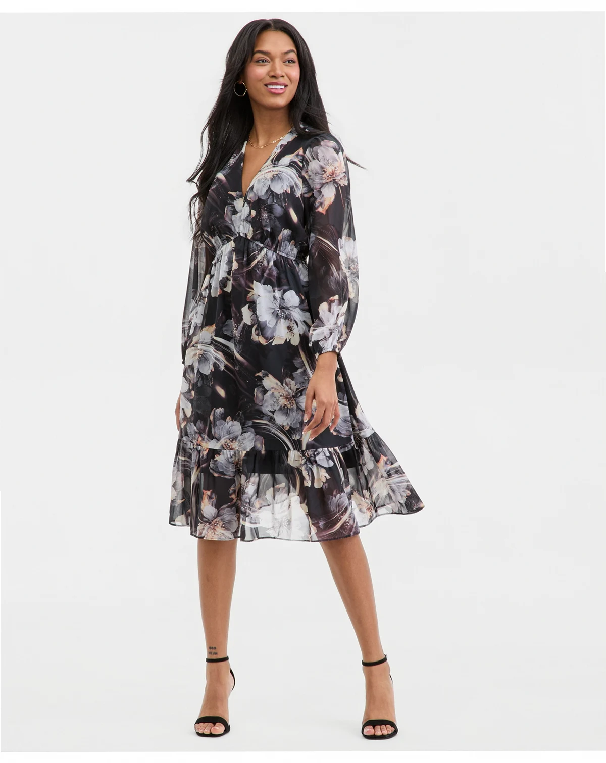 Women's Printed Blouson-Sleeve A-Line Dress