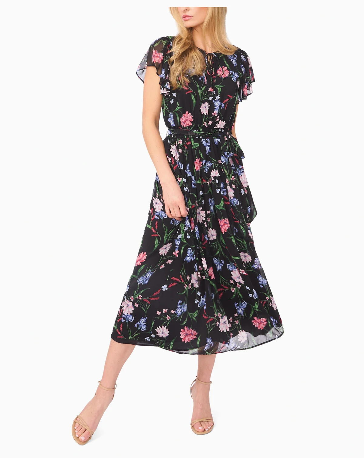 Women's Ruffle Detail Tie Neck Midi Dress