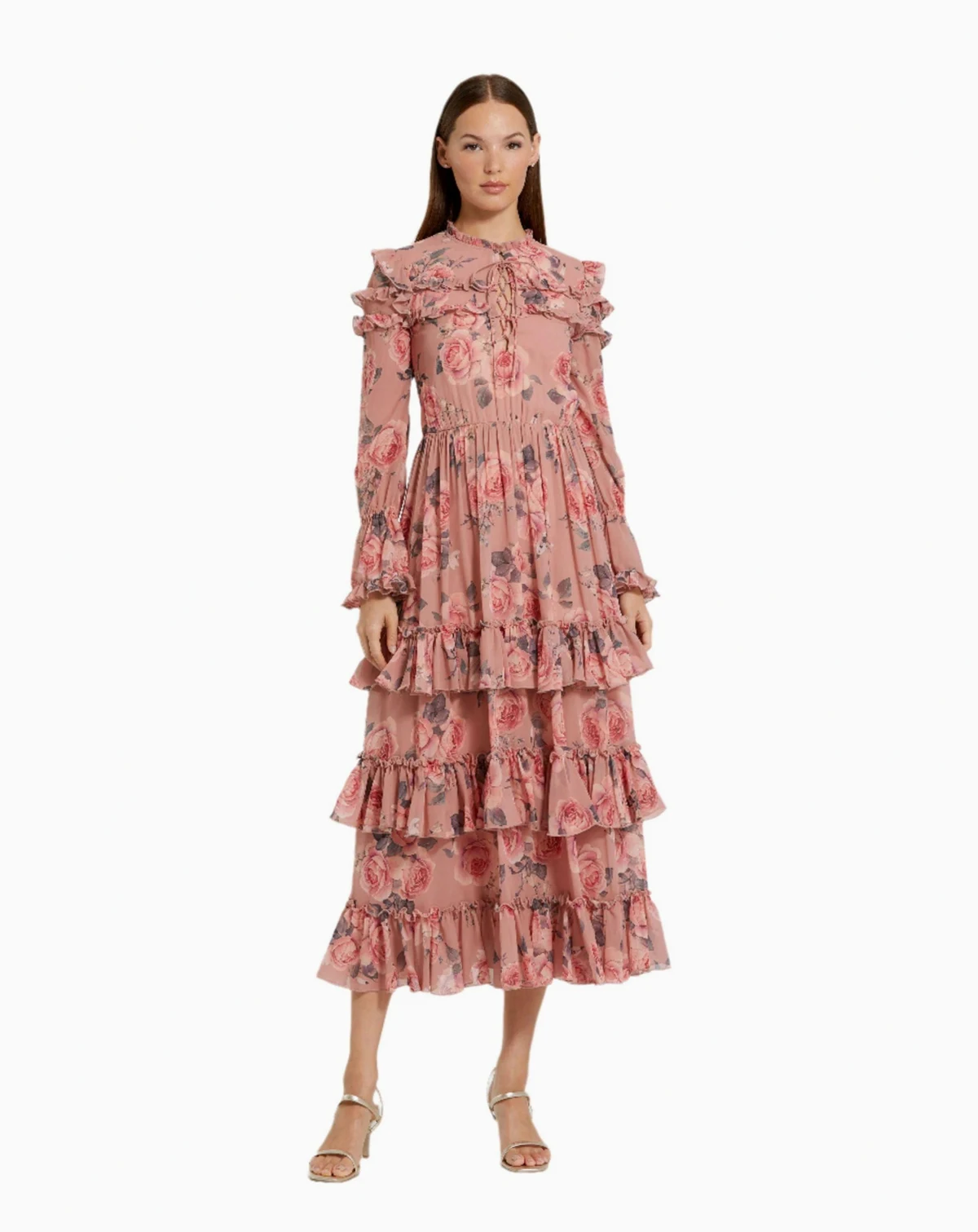 Women's Long Sleeve Lace Up Front Tiered Ruffle Dress