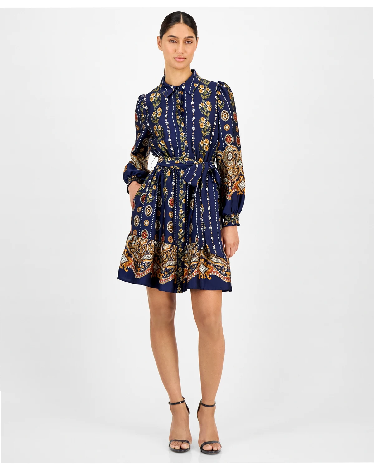 Women's Printed Satin Ruffle-Hem Shirt Dress