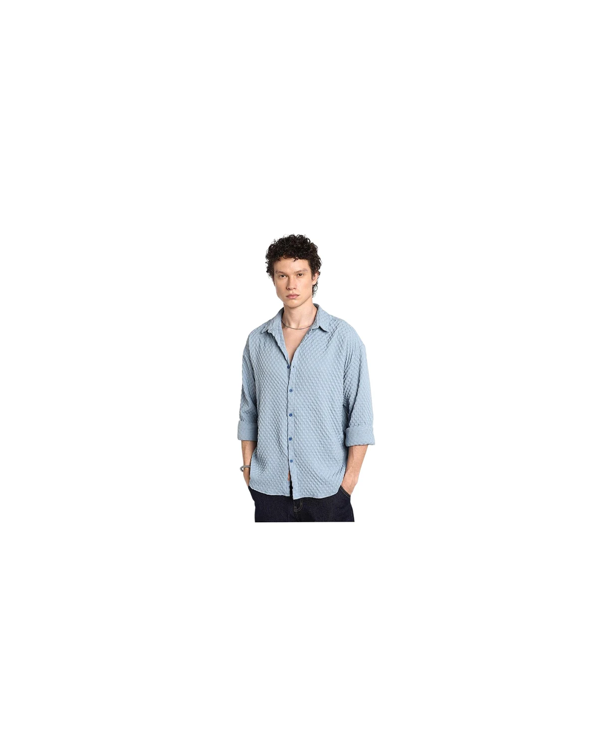 Men's Cornflower Blue Cubic-Textured Oversized Shirt