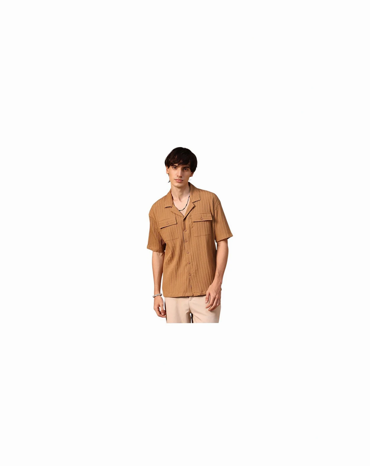 Men's Camel Brown Tactile-Lined Oversized Shirt