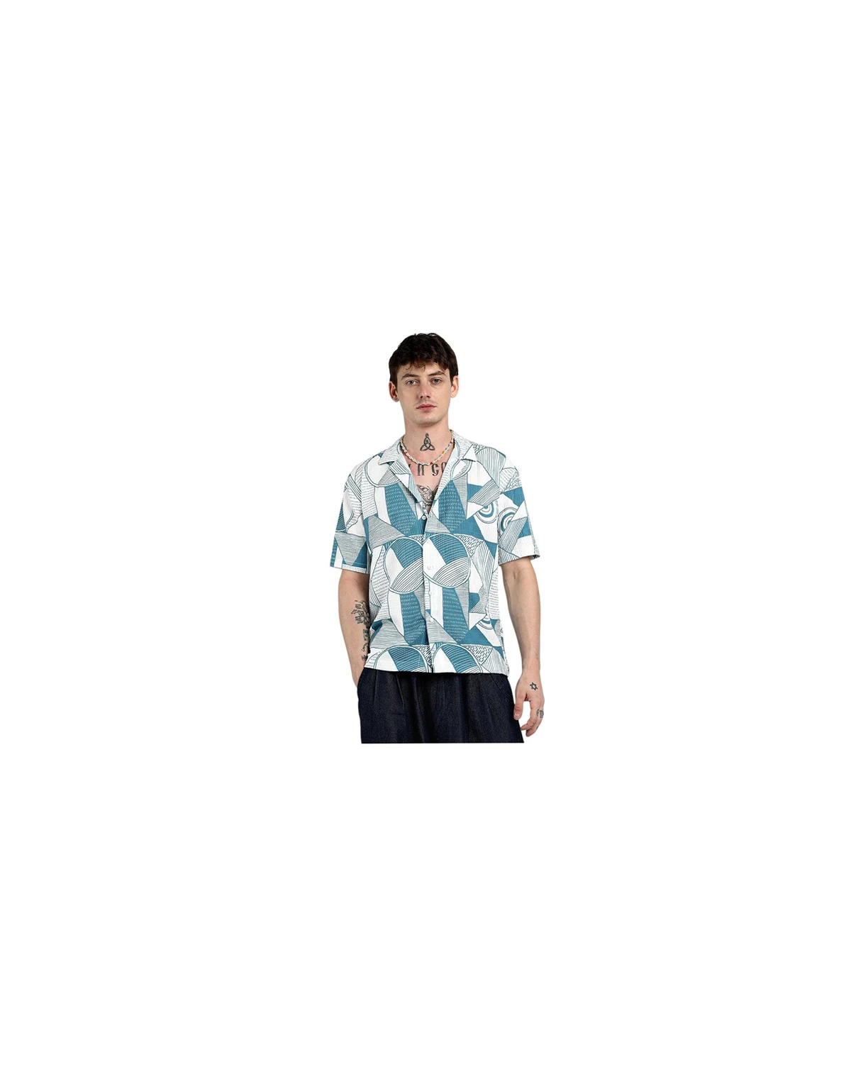 Men's Steel Blue Oversized Geometric Lined Shirt